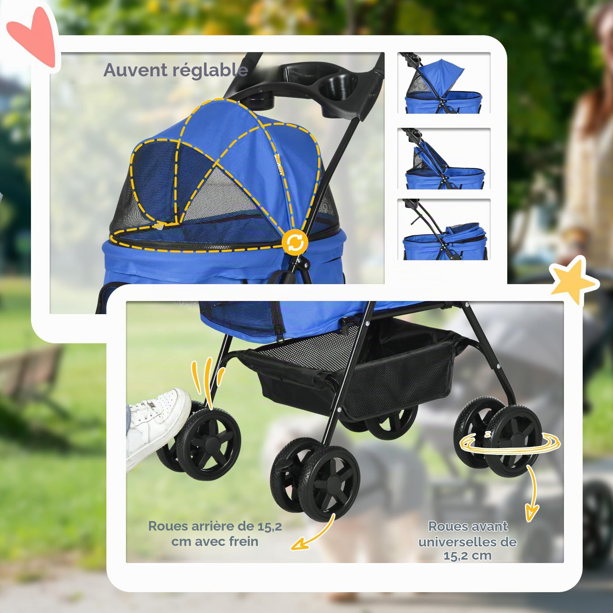 PawHut Poussette pliable pour chiens et chats jusqu'à 4 kg, Bleu | Poussette pour chien et chat, fenêtres en maille, panier de rangement, porte-gobelet