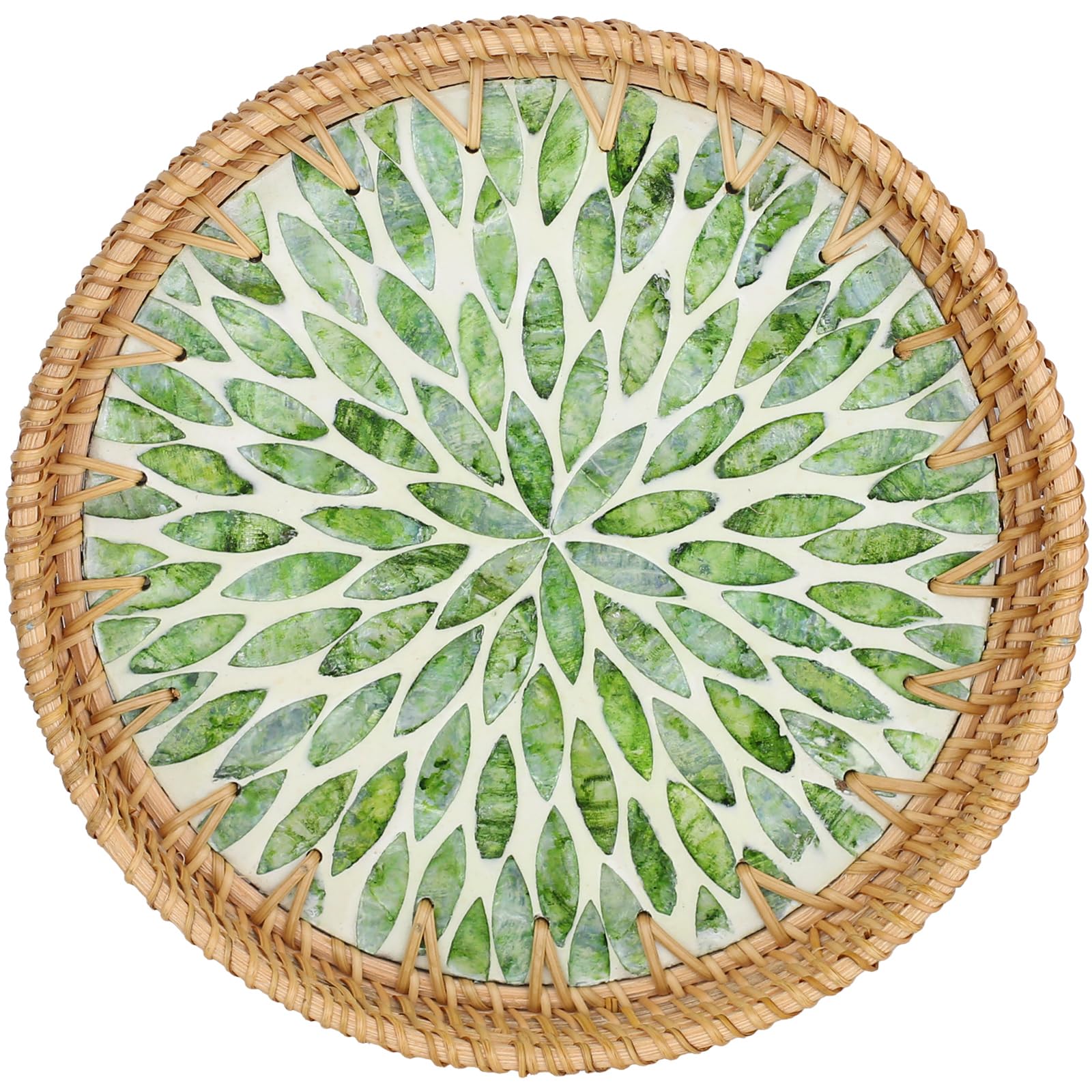Natural woven rattan round storage tray, inlaid with mother-of-pearl, handcrafted tray suitable for snacks, bread, breakfast, etc., eco-friendly home and tabletop decoration