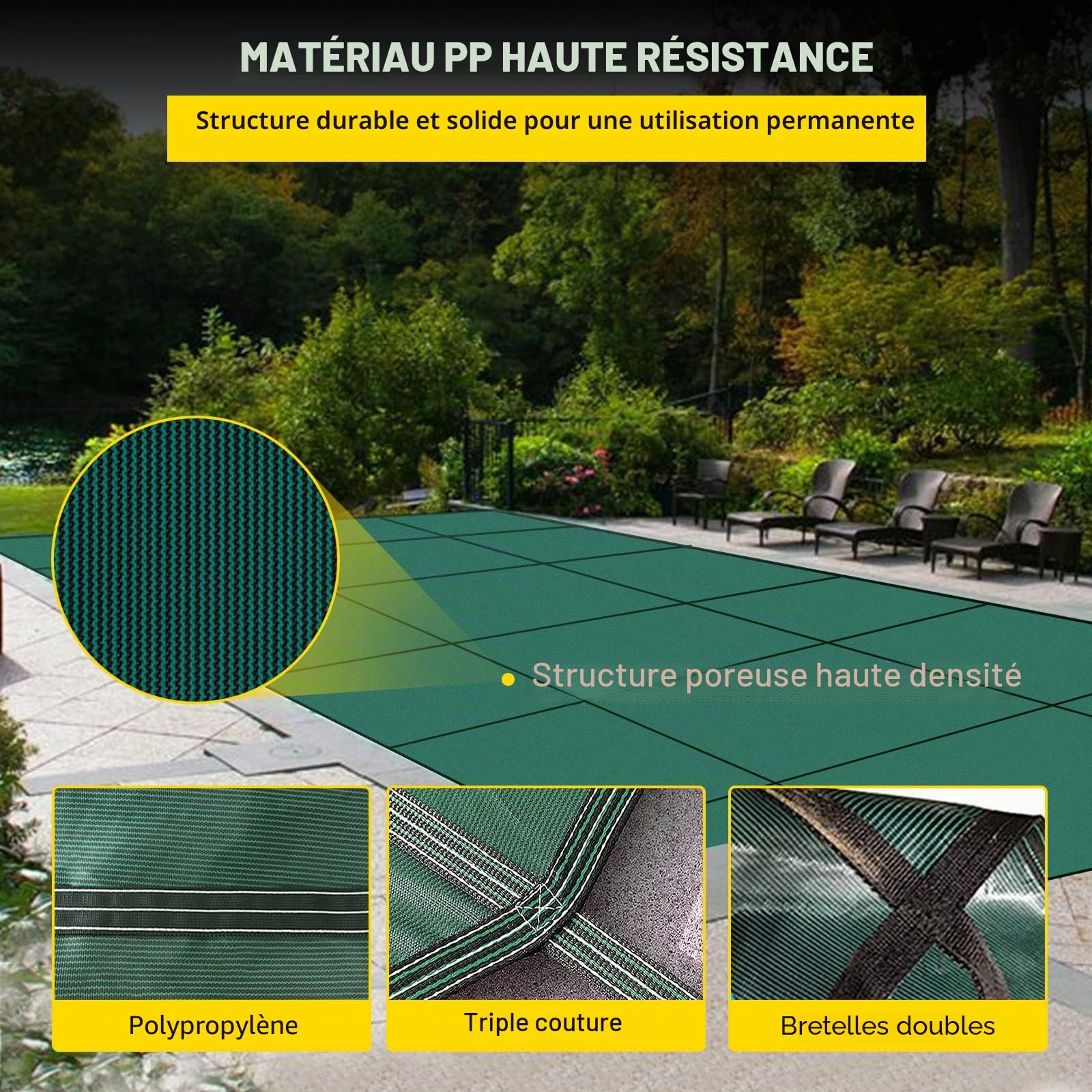 VEVOR Couverture de sécurité pour piscines creusées 6,1 x 12,2 m Maille Verte Couverture de sécurité Taille 6,7 x 12,8 m avec Outils d'installation pour Piscine d'hiver, résister au Soleil, au Vent
