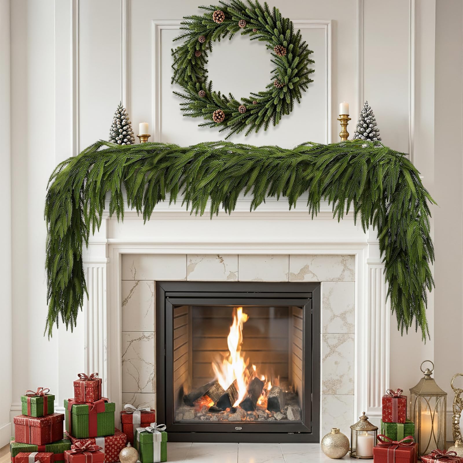 Guirlande de pin Norfolk artificiel 2,7 m, plante decoration hiver et mur