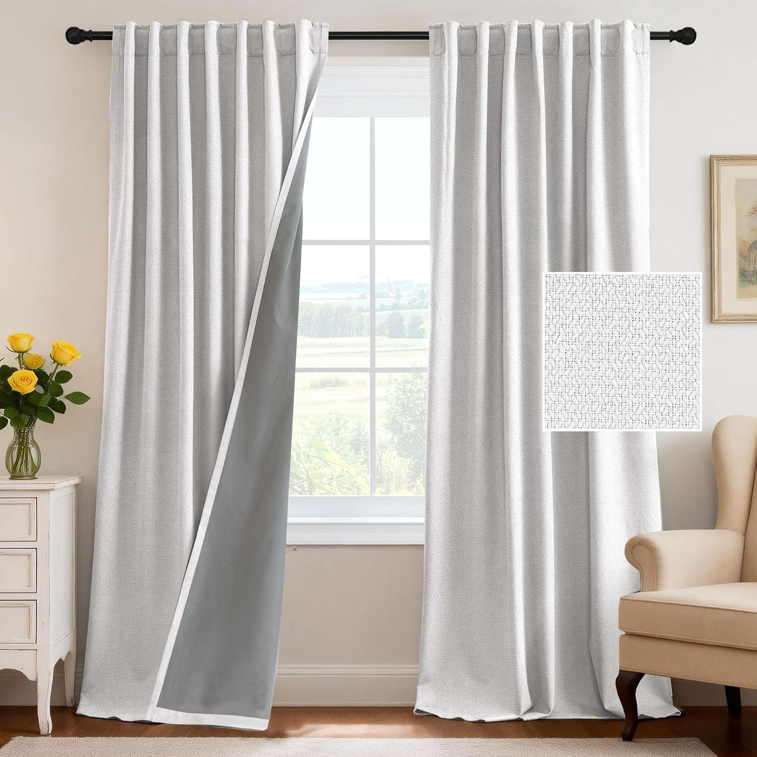H.VERSAILTEX 100% Blackout Curtains Back Tab Full Light Blocking Curtain Draperies with Gray Coating Thermal Insulated Window Treatment Set of 2 Panels, 52" W x 84" L, White