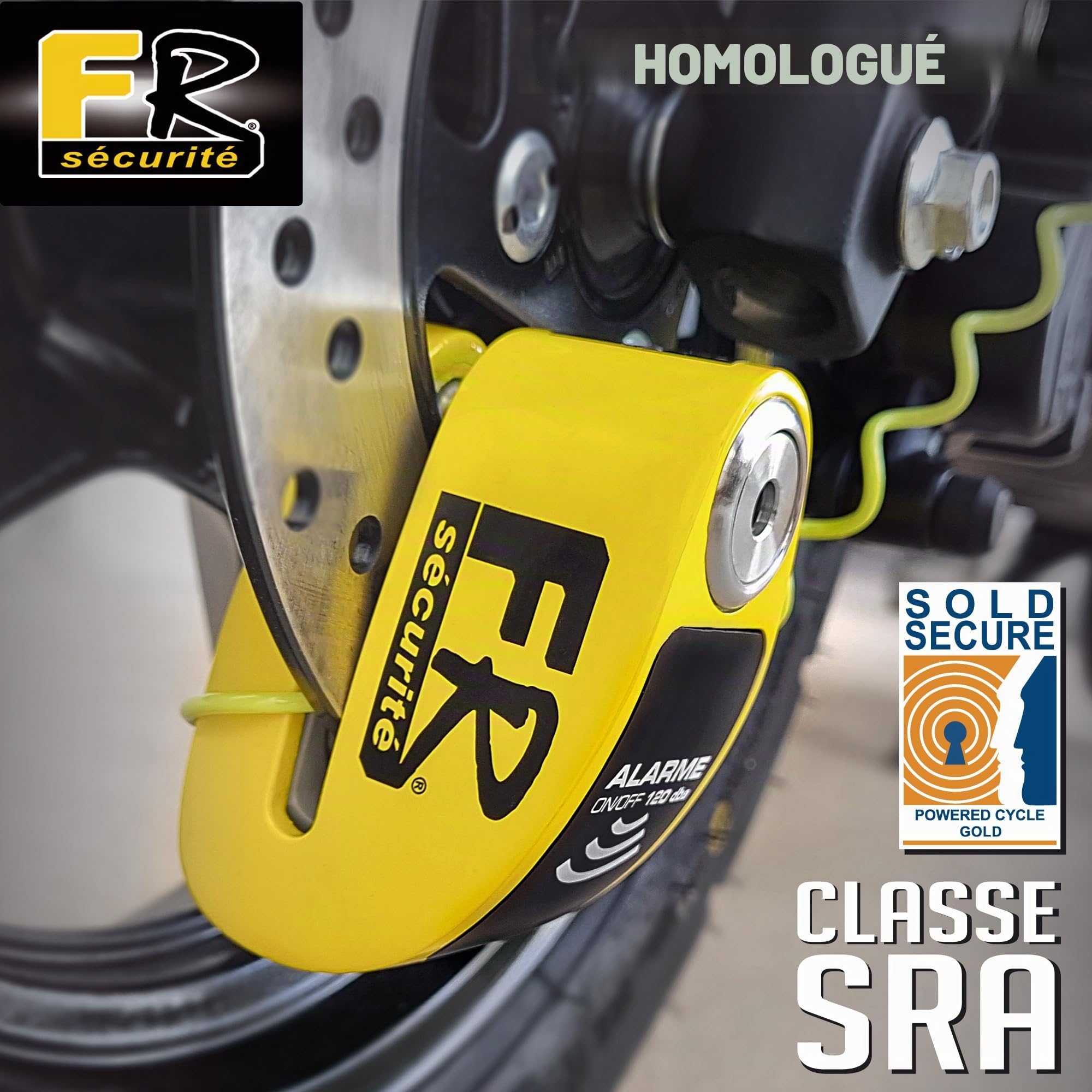 FR Sécurité FR410Y Antivol Moto Homologué SRA Bloque Disque Alarme 120dB Activation Optionnelle, Plus Dissuasive Haute Sécurité Anti Vol, Serrure Anti-Perçage, Bloc Cadenas Motos Scooter