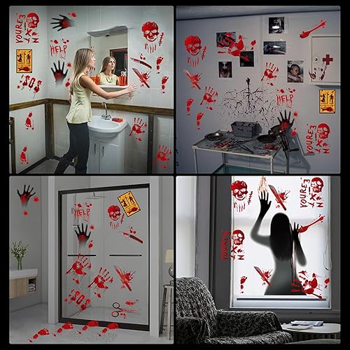 Miniatura 5 de Decoraciones de Halloween, 8 hojas de huellas de manos sangrientas, calcomanías espeluznantes para ventana, calcomanías de tatuaje, espejo de pared