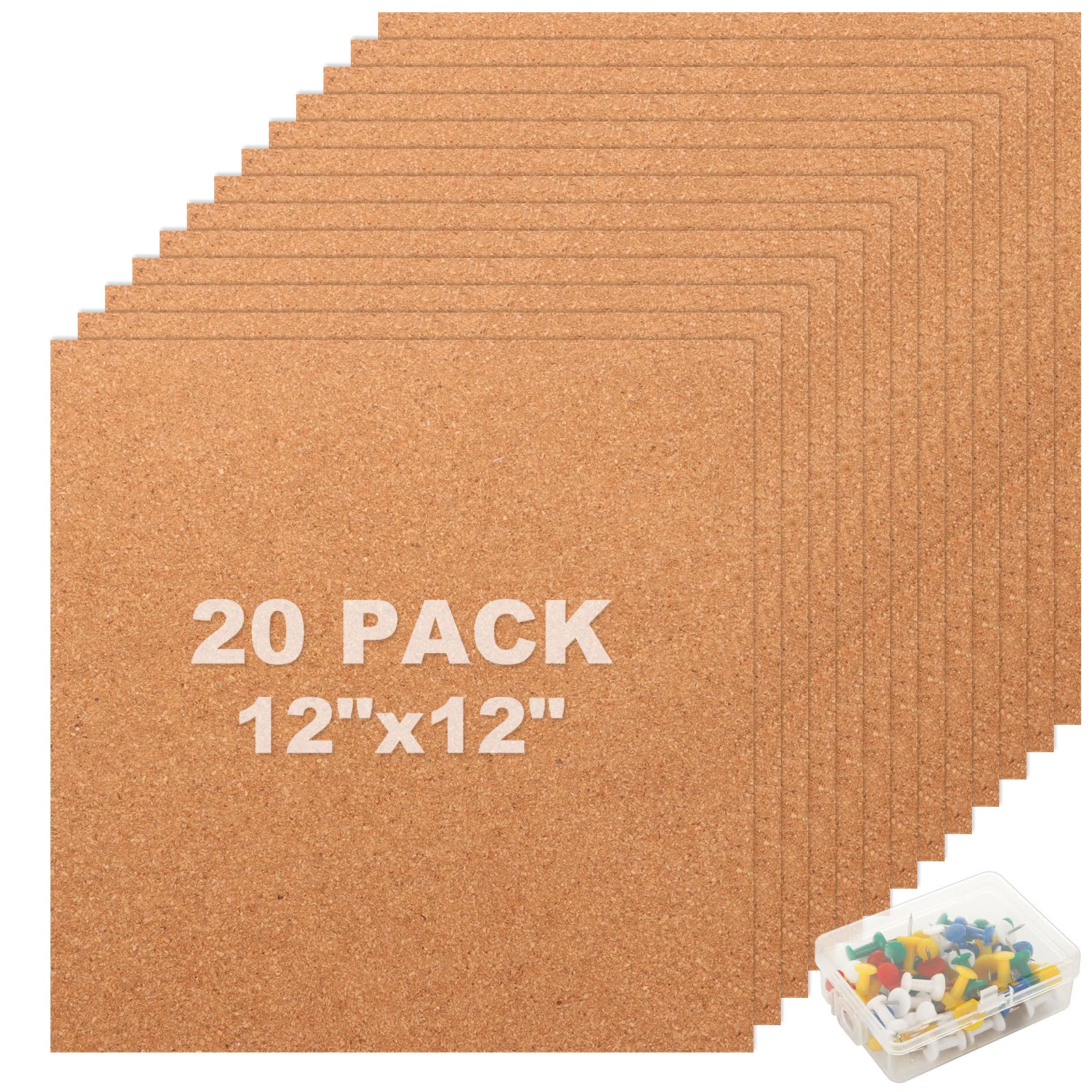 YAYODS 20PCS Cork Boards 30 x 30 cm, 4mm Thick Square Tiles for Walls With 60 Push Pins, for Office Home, School