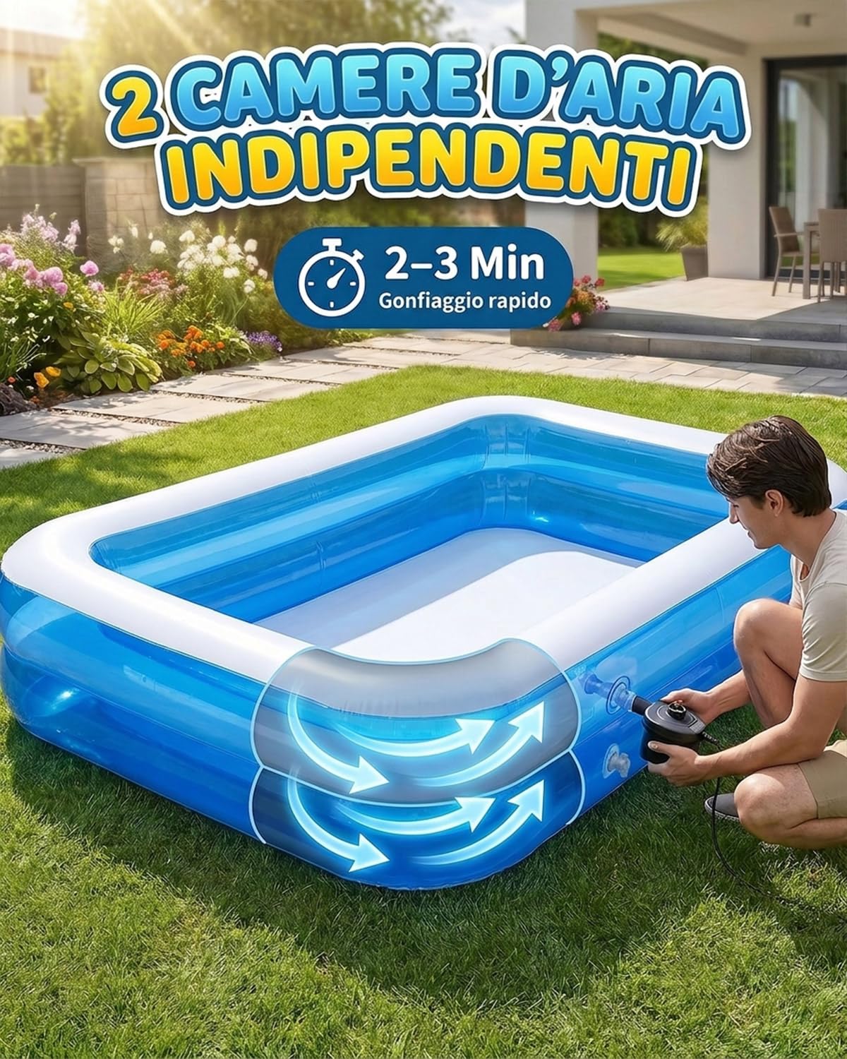 Piscina Gonfiabile Rettangolare per Bambini e Adulti, Vasca d’Acqua 200X150X50cm, Piscina Familiale Estiva, Modello Multiuso per Giardino, Utilizzo Interno ed Esterno