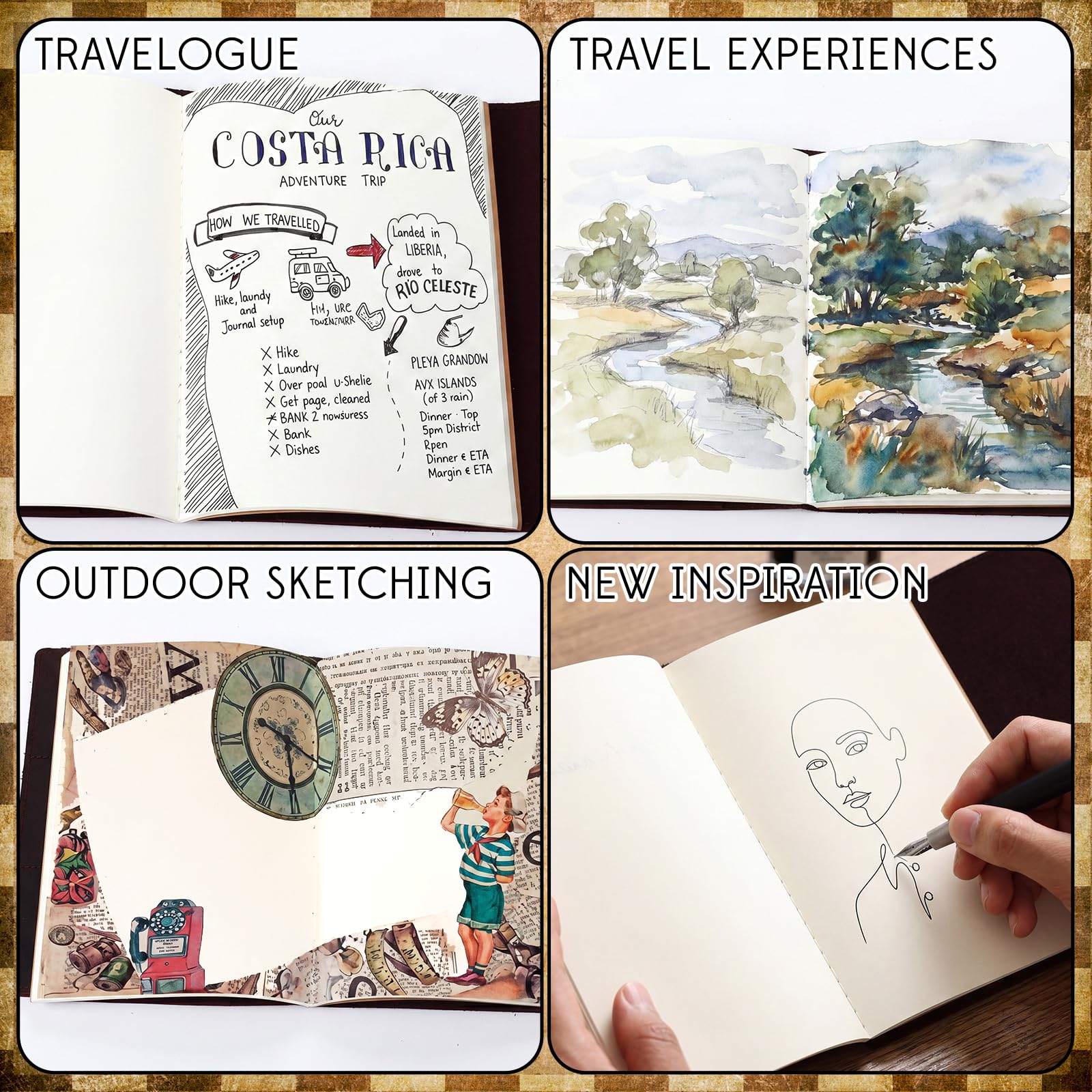 Sabary Juego de 4 fundas para cuaderno de viajeros, 3 cuadernos A5 de piel auténtica, rellenables, A5, con bolsillos interiores, ranuras para tarjetas, soporte para bolígrafos para notas de viñetas