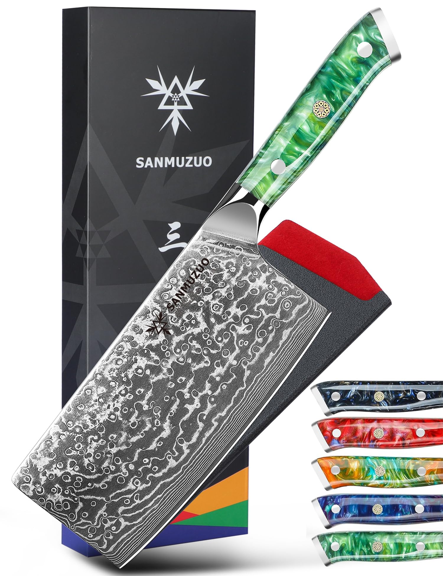 SANMUZUO Chinese Chef Knife - 7" Cleaver Knife- Xuan Series - VG10 Damascus Steel Kitchen Knife - Resin Handle (Jade Green)