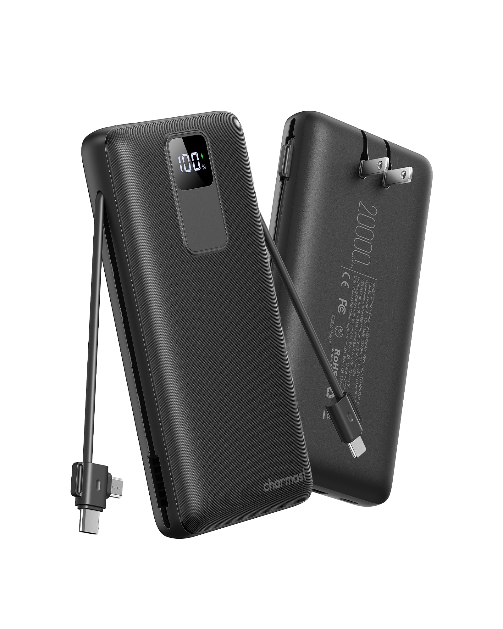 charmast Portable Charger with Built-in Wall Plug and Cables, 20000mAh Power ...