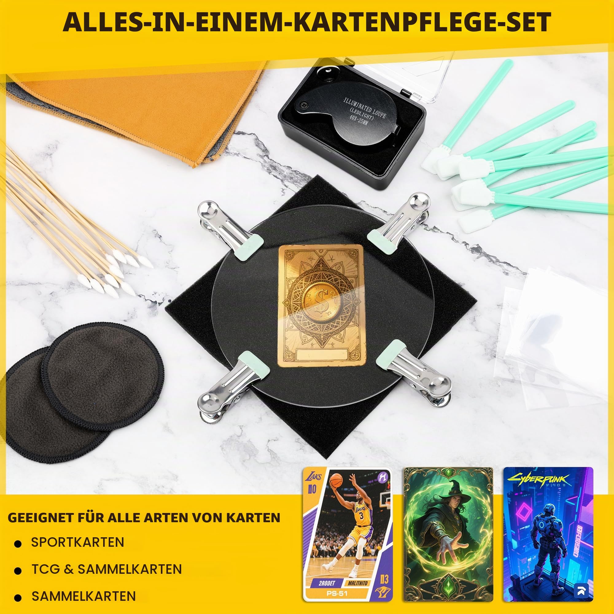 Coldairsoap Karten-Reinigungsset Karten-Abflachungs- und Polier-Set 40-facher Lupe für TCG-Sammler
