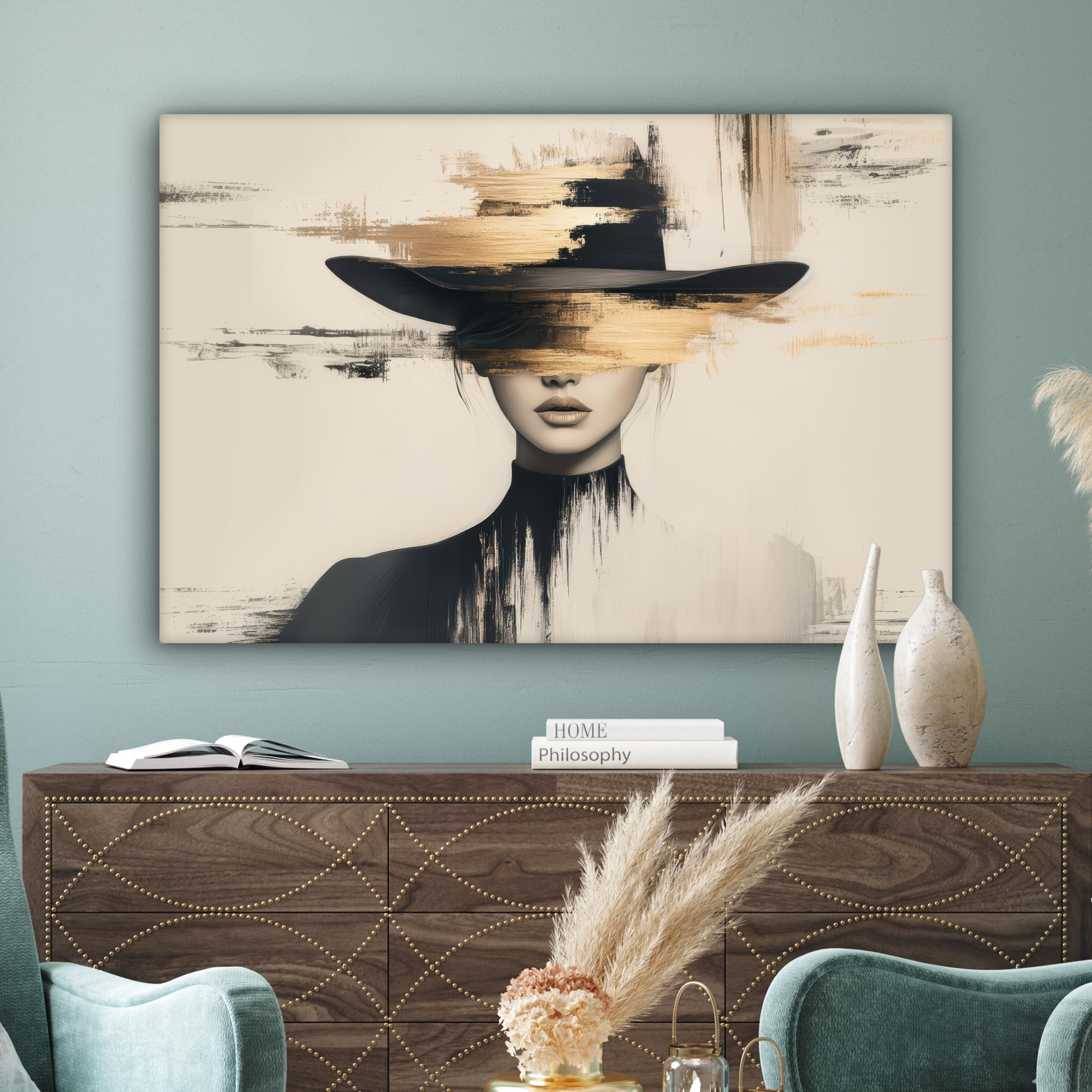 MuchoWow© Quadro Moderno Soggiorno 120x80 cm Decorazioni Da Parete Quadri Su Tela Da Salotto Grandi Foto Con Cornice Stampe Su Tela Camera Da Letto Donna - Cappello - Pittura