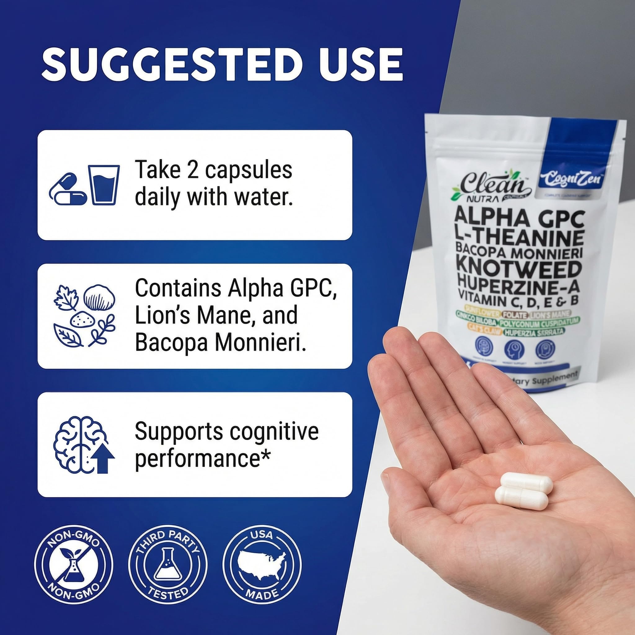 Alpha GPC 600mg Supplement | L Theanine Nootropic Brain Supplement with Bacopa Monnieri Lions Mane Resveratrol Ginkgo Biloba Huperzine A – Focus Memory Cognitive Support – 60 Vegetarian Capsules — Amazon image 6