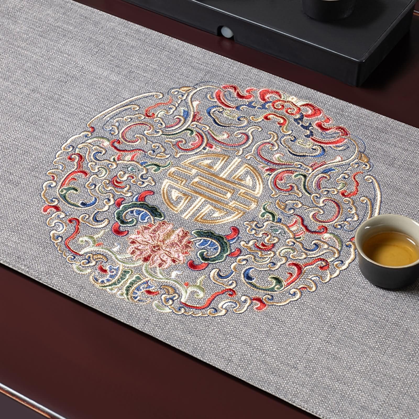 Chemin de Table Moderne Gris Floral,Polyester,33x180cm