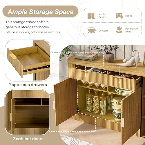 Miniatura 49 de Aparador de armario de almacenamiento curvado con 2 puertas y 2 cajones, mesa consola de entrada de madera de 55 pulgadas con puerta lateral curvada