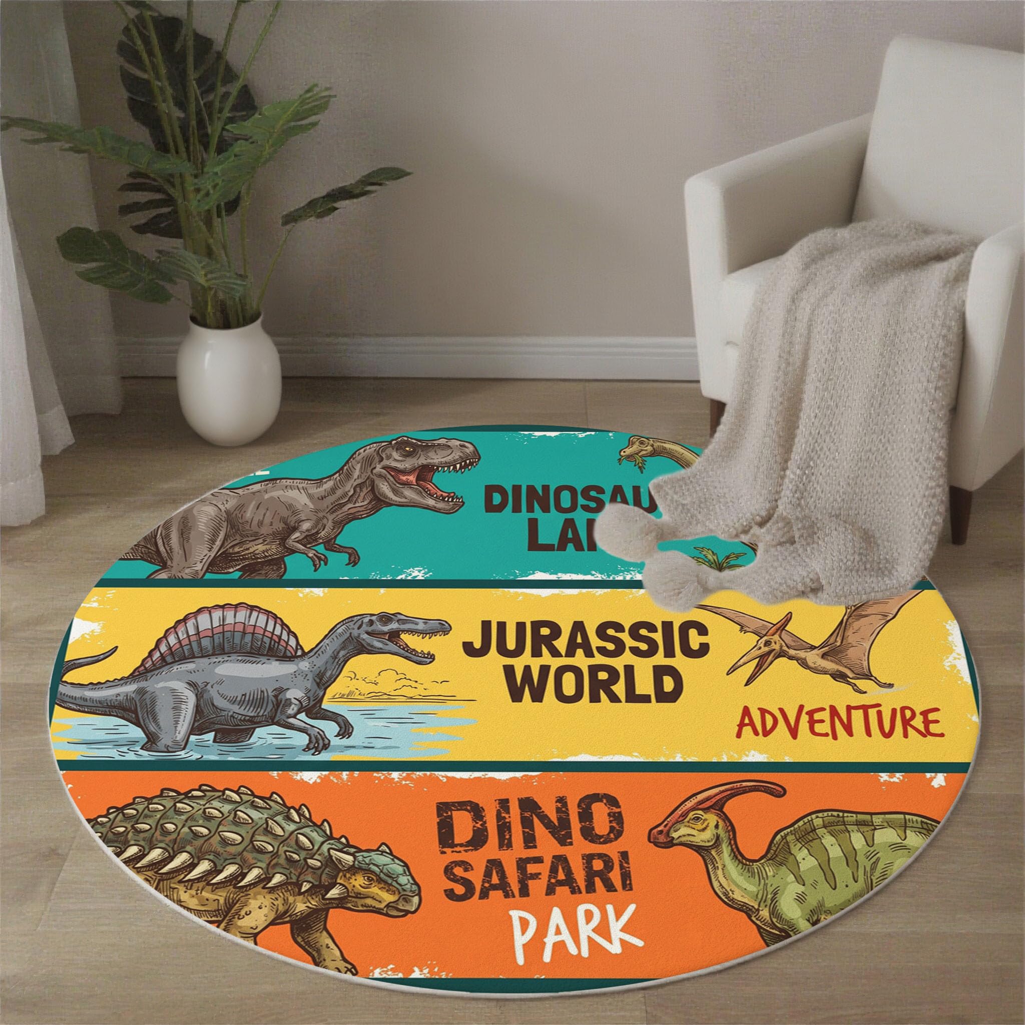 Wildtiere Dinosaurier Teppich Rund 100cm, Weicher Rutschfester Prähistorisch Illustration Teppiche, pflegeleicht strapazierfähig Mehrfarbig Teppich, für Kinderzimmer Babyzimmer Wohnzimmer Flur
