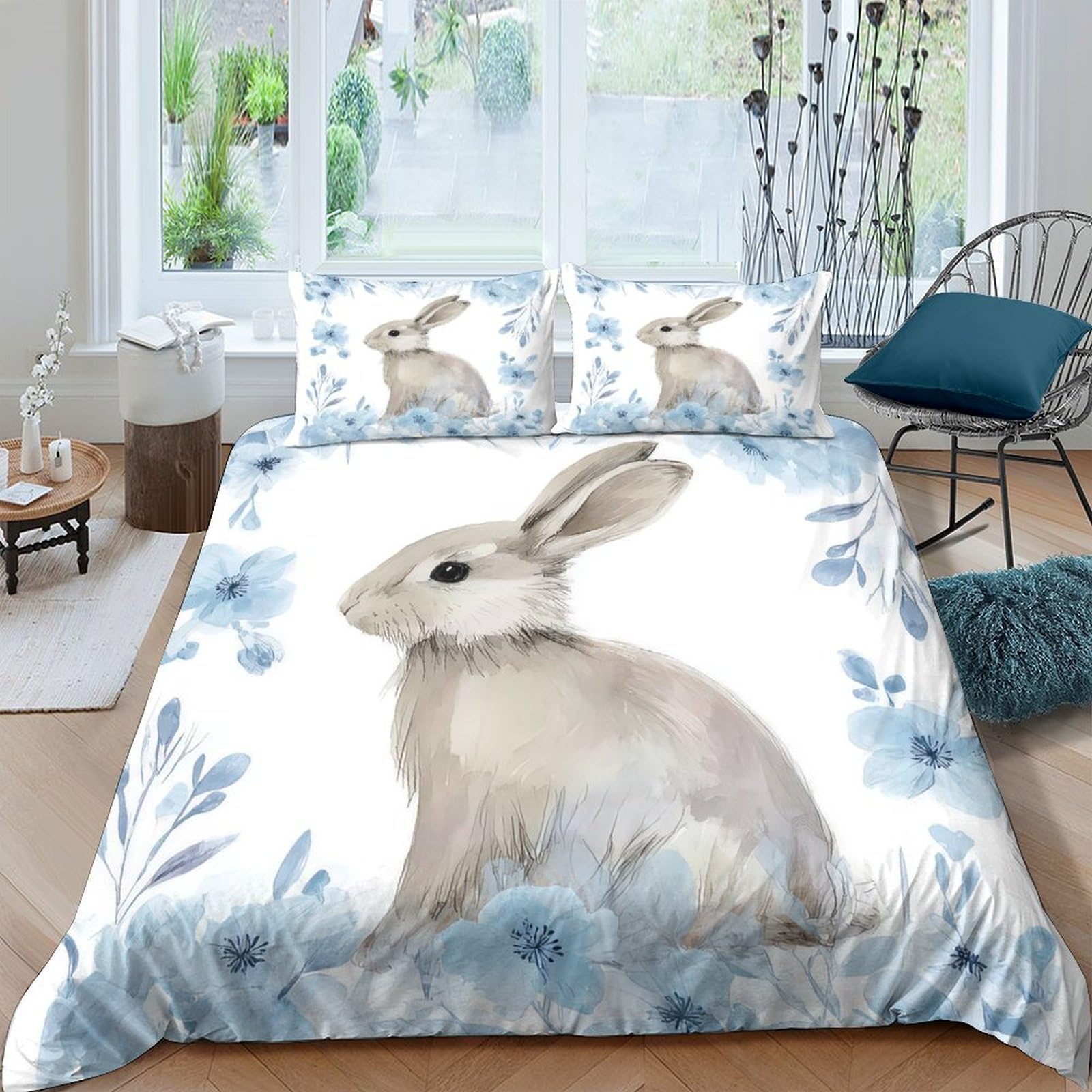 GPLZQXKJNH 3D Printed Bunny Floral Duvet Cover Microfiber Soft Breathable Rabbit Bedding Set with 2 Pillowcases for Bedroom Decor Single（135x200cm）