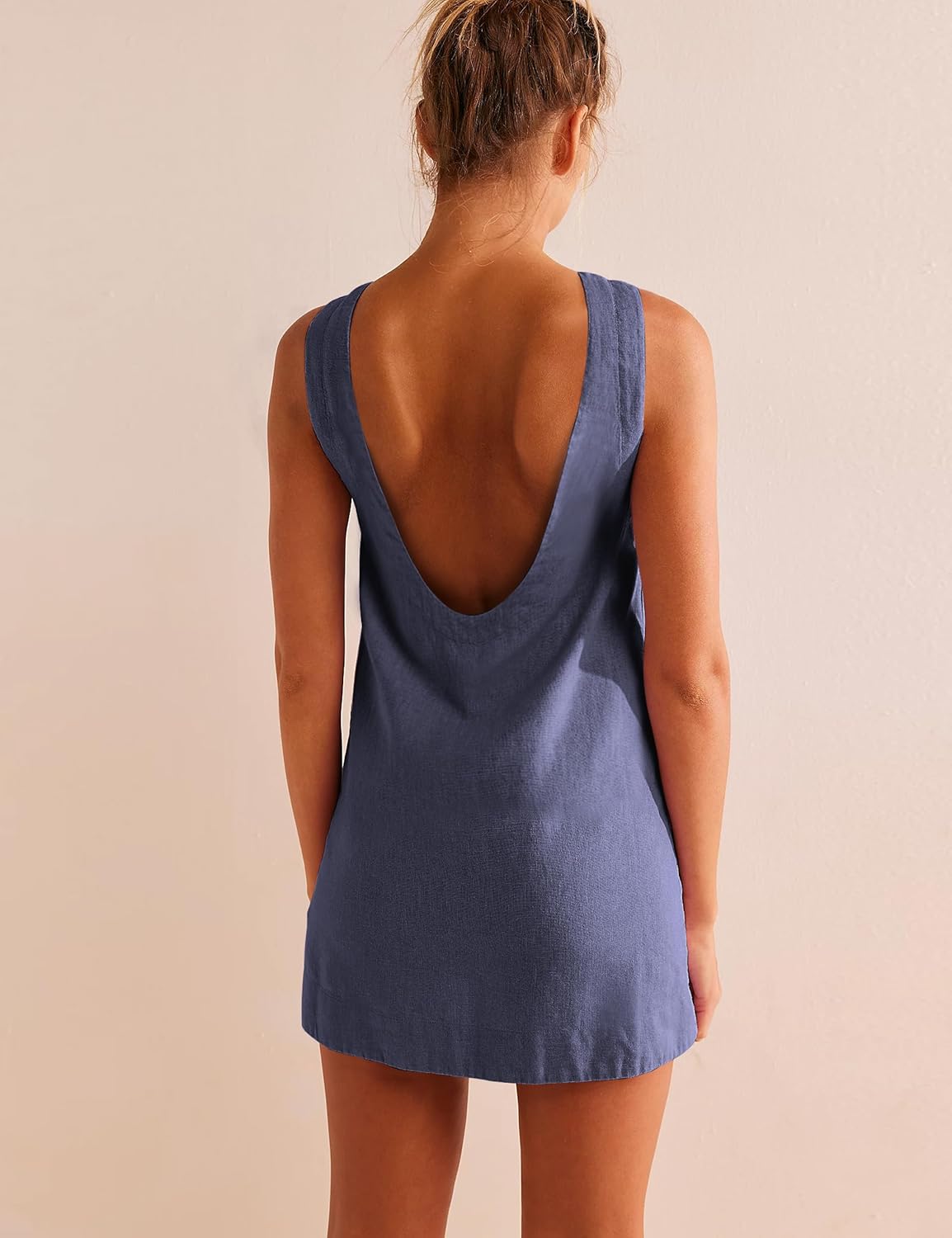 VIUTIL Womens Summer Linen Mini Dress Boat Neck Low Back Sleeveless Tank Dresses with Pockets 2026 Vacation Outfits - Image 3