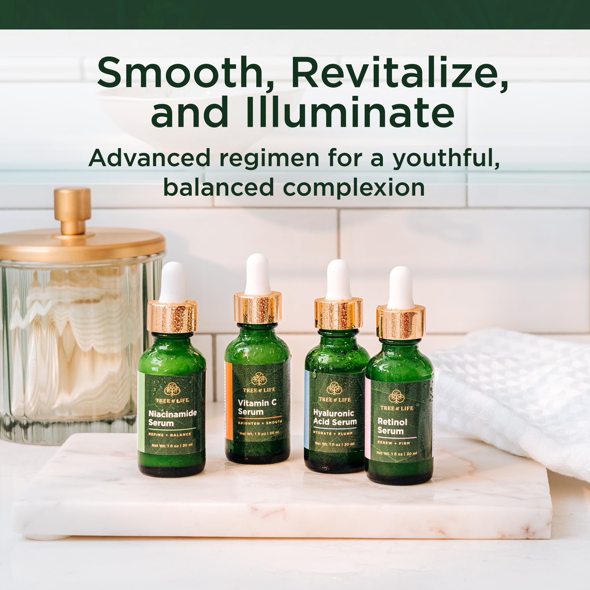 Tree of Life Beauty - Juego de cuidado facial de la piel, sueros faciales iluminadores, reafirmantes e hidratantes para pieles sensibles, niacinamida, vitamina C, retinol y ácido hialurónico, probado