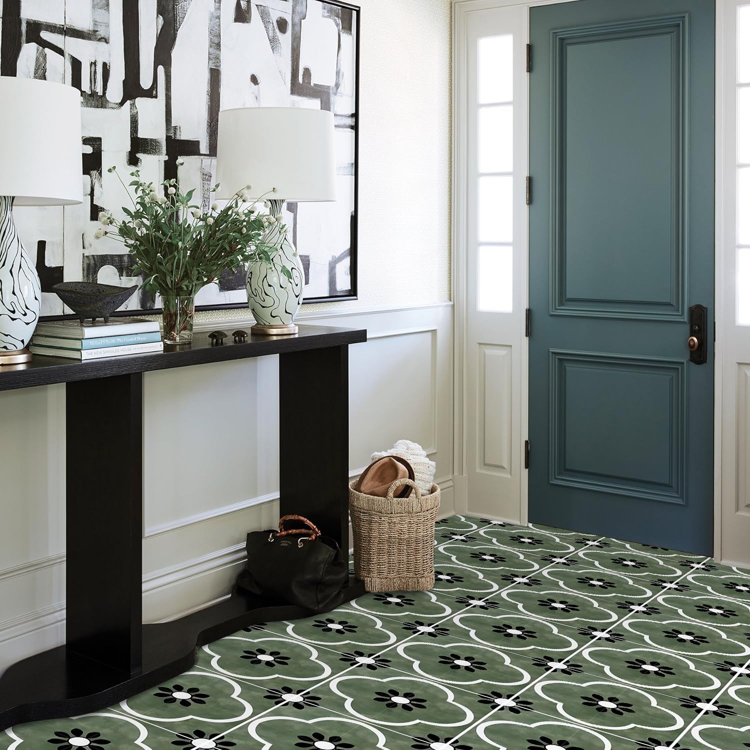 10 azulejos de vinilo de 12 x 12 pulgadas, diseño geométrico de flores de damasco verde, negro y blanco, para despegar y pegar, calcomanías de suelo extraíbles e impermeables para baño, entrada
