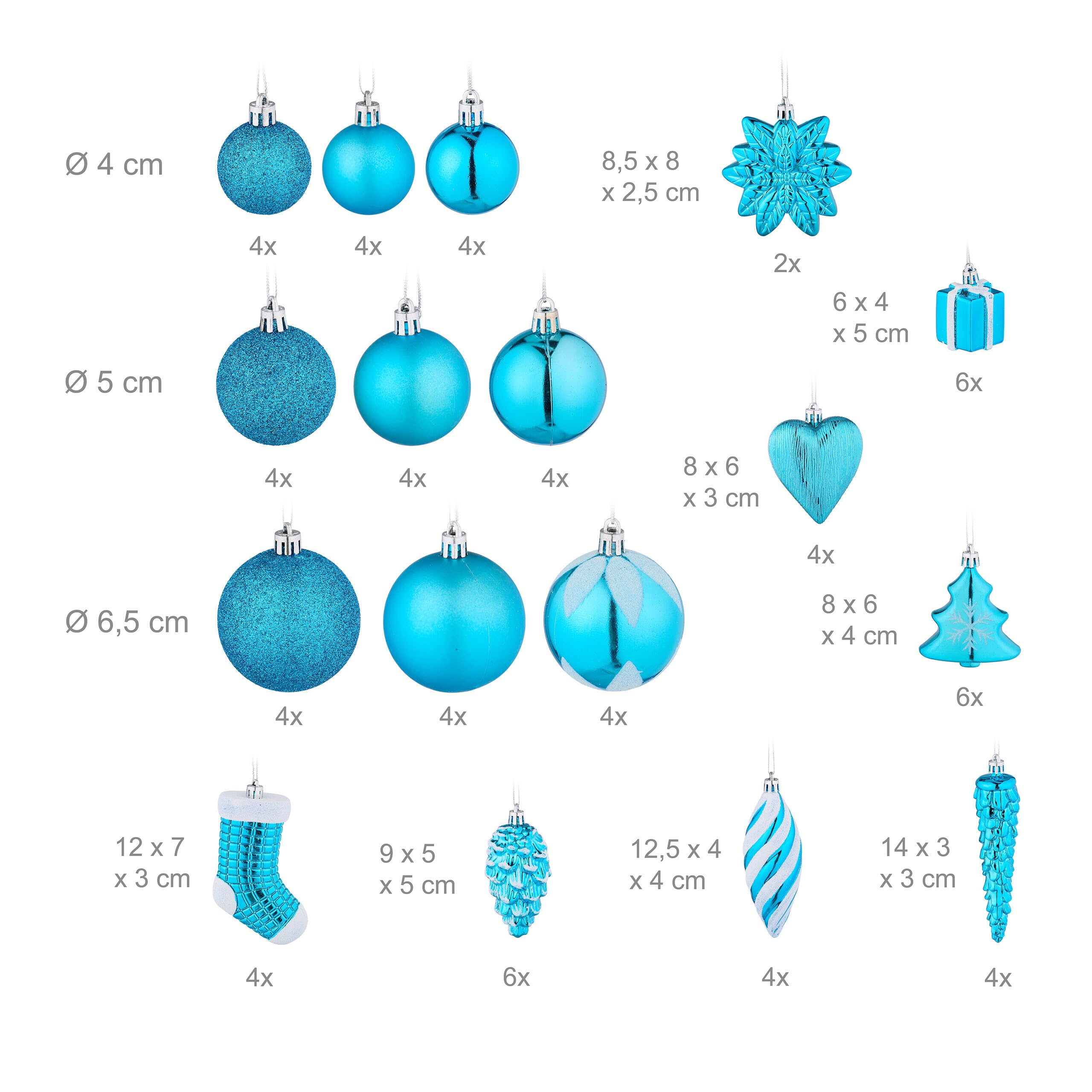 Relaxdays Weihnachtskugeln 71er Set, glitzernde, matte & glänzende Baumkugeln, Stiefel, Herz, Zapfen, Kunststoff, petrol