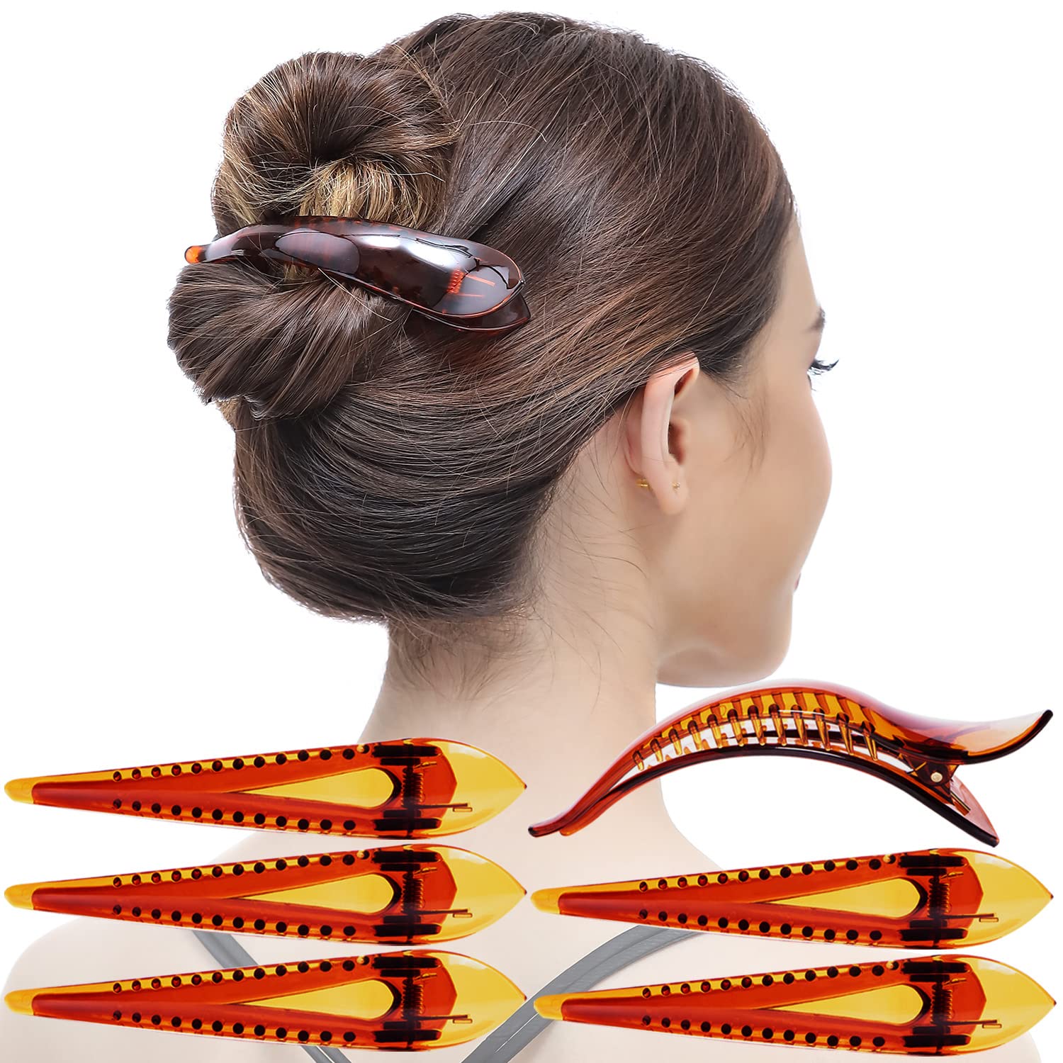 RC ROCHE 6 Pcs Duck Bill Alligator Hair Clips for Women Sectioning Flat Claw Long Thick Hair Inner Teeth Curved Styling Jaw Strong Secure Grip Salon, Medium Brown