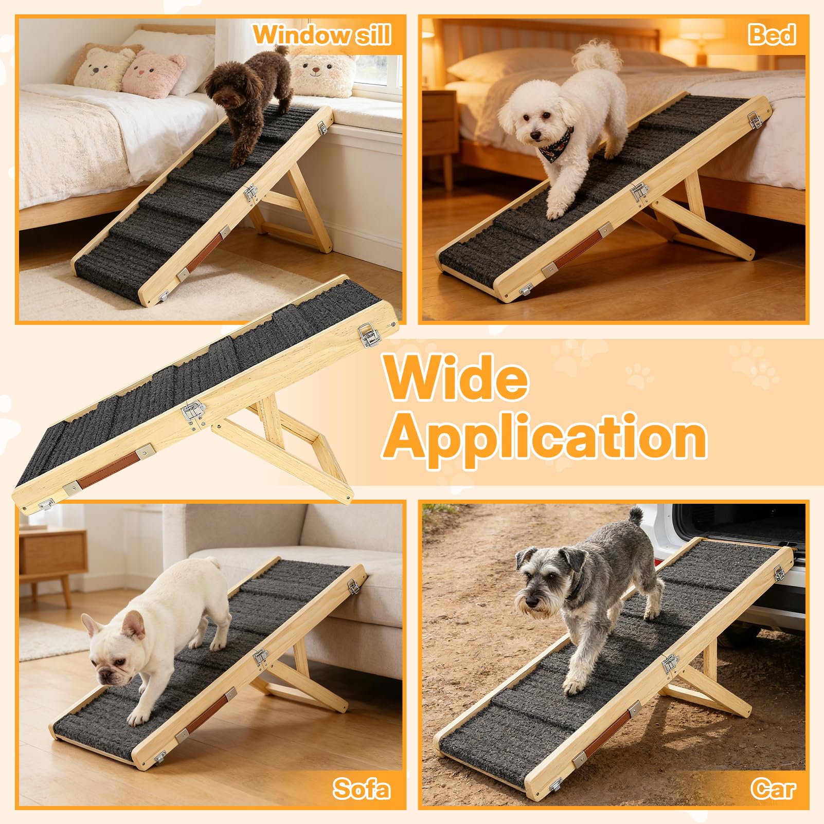 Rampa Plegable de Madera para Perros, con Ajuste de Altura en 6 Posiciones, 120 cm de Largo, con Alfombrilla Antideslizante, para Perros Pequeños y Medianos, También para Gatos