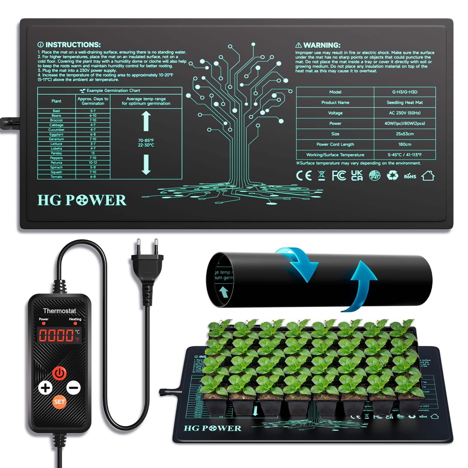 HG Power Heizmatte Pflanzen, 55w Wärmematte für Zimmergewächshaus, Growzelt, Terrarium, mit Überhitzungsschutz, Anzuchtkasten, Heizmatte mit Thermostat – Opt. E 1 Mat (1 Controller)