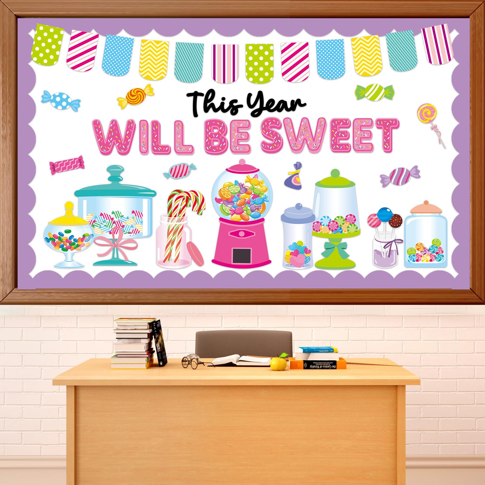 QOUBAI Juego de tablón de anuncios de caramelos, decoración de tablón de anuncios para aula, máquina de chicles, recortes de papel para bienvenida de regreso a clases, decoración de puerta de pared