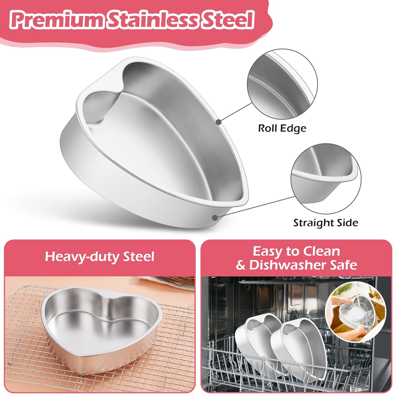 E-far 8 Inch Heart Cake Pan, 3Pcs Stainless Steel Heart Shaped Cake Mold, Cake Tin Baking Pan for Valentine's Day Anniversaries Wedding, Non-Toxic & Dishwasher Safe
