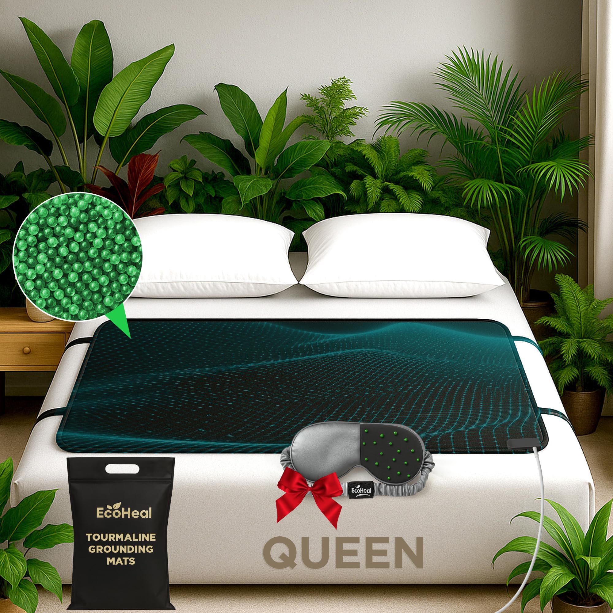 Luxury Tourmaline Grounding Mat Queen 59 x 27 for Bed Desk Conductive PU Leather Surface SGS Certified Includes