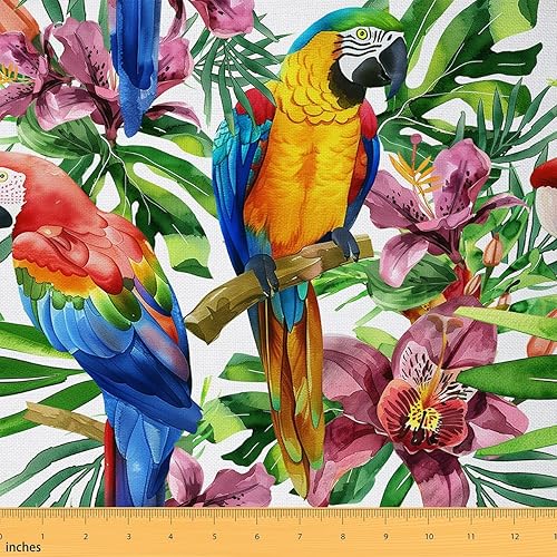 The Yard - Tela de pájaros coloridos por yarda, diseño de hojas de palma en acuarela, tela de costura tropical para proyectos de bricolaje en el