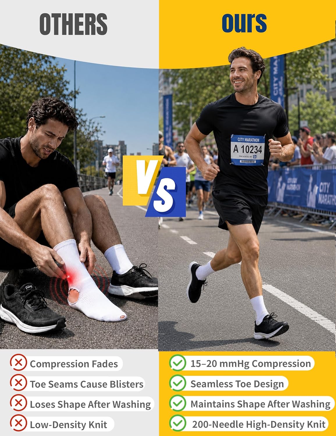 Mens Compression Running Socks: 360° Arch Support Sport Socks | Reduce Foot Fatigue - 3-Zone Compression System Anti-blister Terry Sole Cushion Seamless for Sports Runners Hiking Basketball