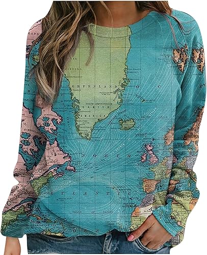 Sudadera de manga larga con estampado gráfico del mapa del mundo para mujer, cuello redondo, bonita blusa de ajuste holgado