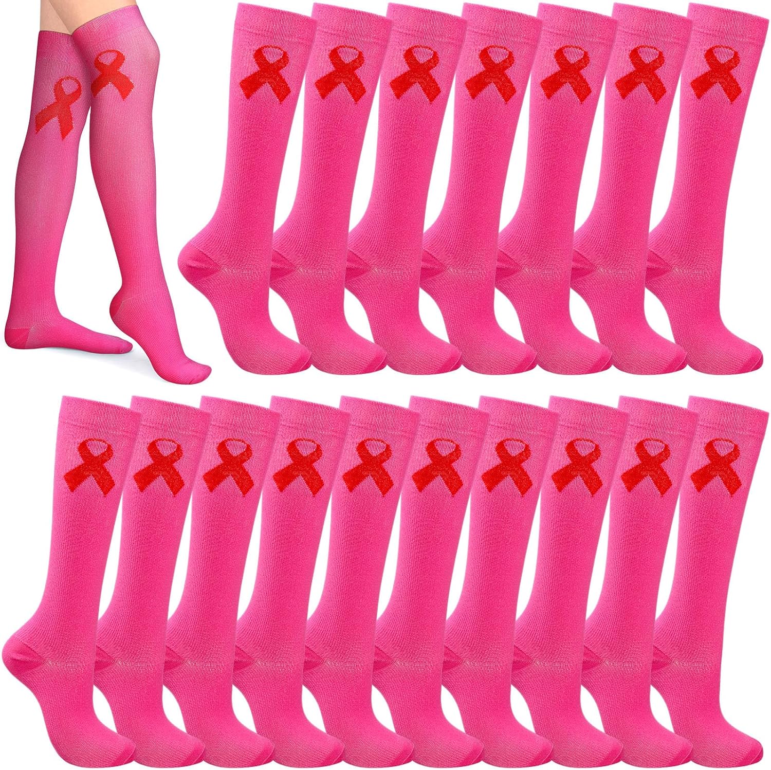 Suhine 60 Pairs Pink Ribbon Breast Cancer Awareness Socks Bulk Over the Calf Socks Hot Pink Women Athlete Sport(Rose Red)