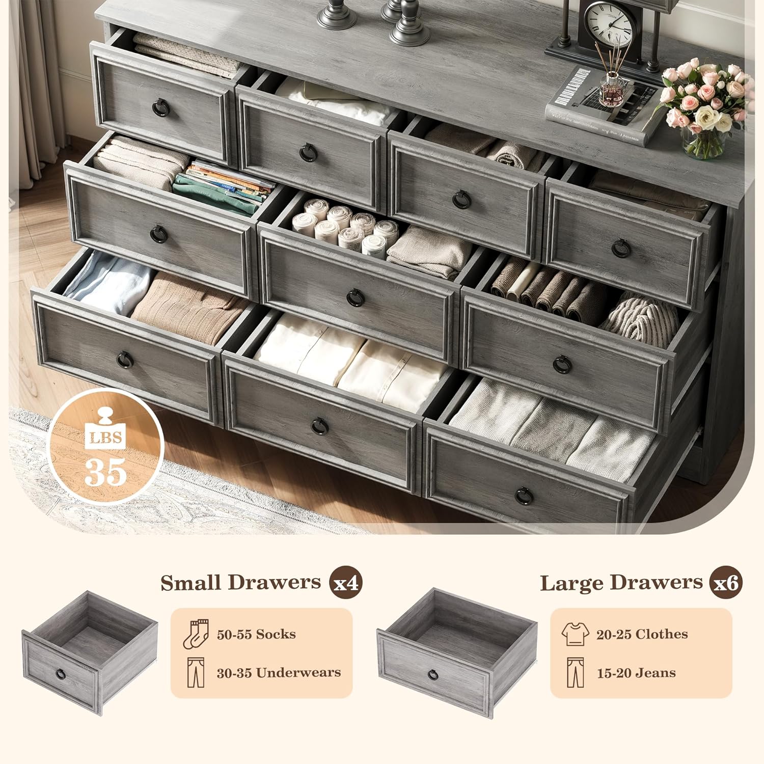 HolliWill Grey 10 Drawer Dressers for Bedroom, 59" Large Dresser for Bedroom with Metal Handle, Wood Chests of Drawers, Rustic Storage Dressers Organizer for Bedroom, Hallway