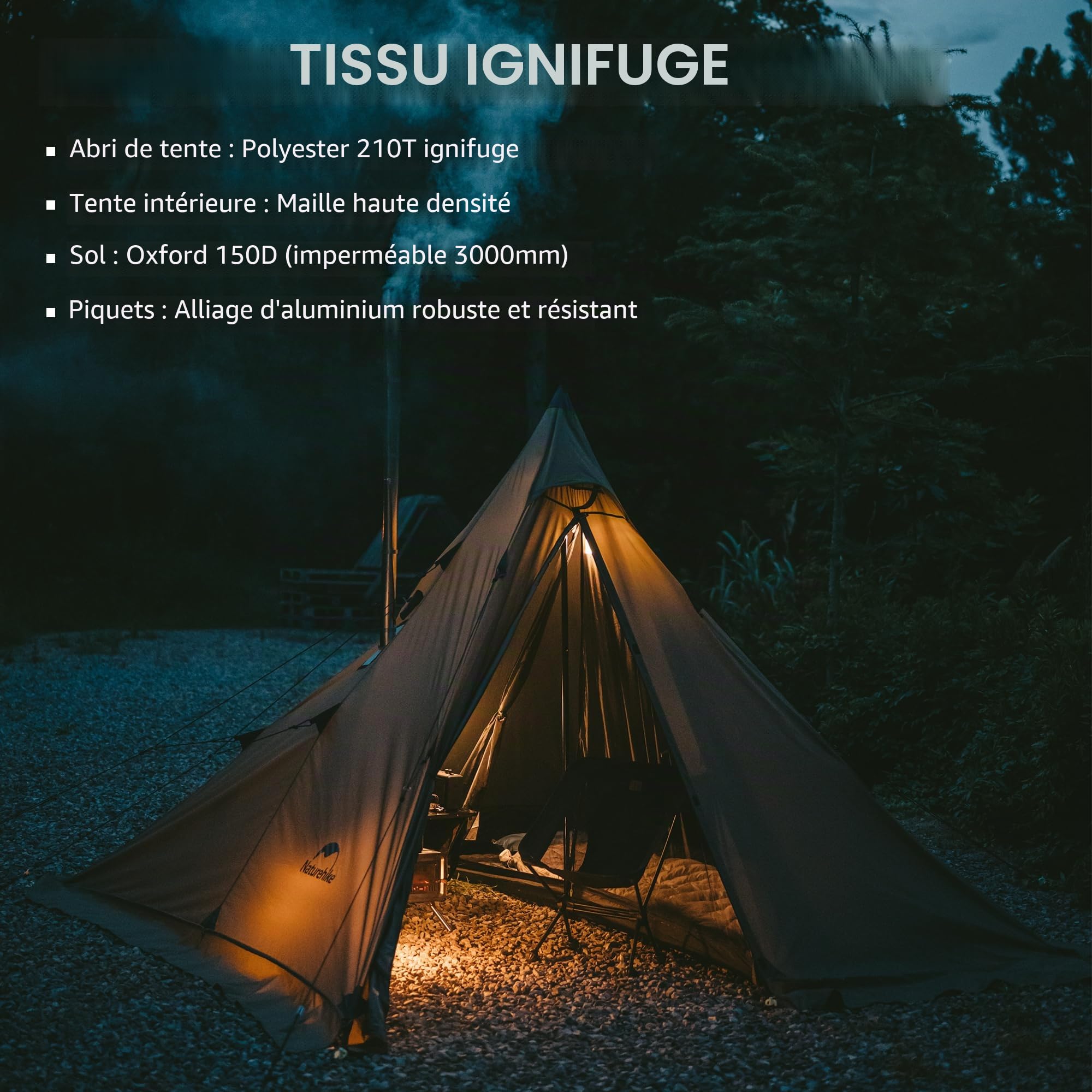 Naturehike Tente tipi pour 3 à 4 personnes, imperméable, coupe-vent, montage facile, tente pyramidale pour extérieur, camping, famille