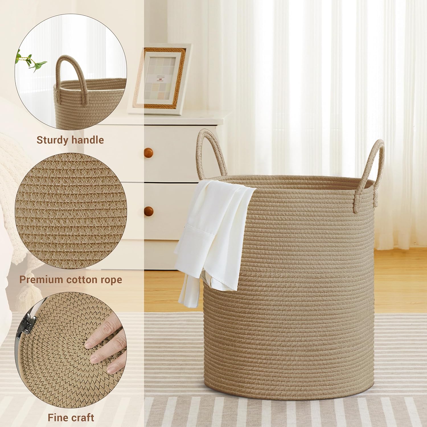 Tall Laundry Basket with Handles, 53L Portable Dirty Clothes Hamper, Boho Cotton Rope Storage Bin for Blankets Kids Toys Gifts, Decorative Organizer for Baby Nursery Bedroom Bathroom, Jute