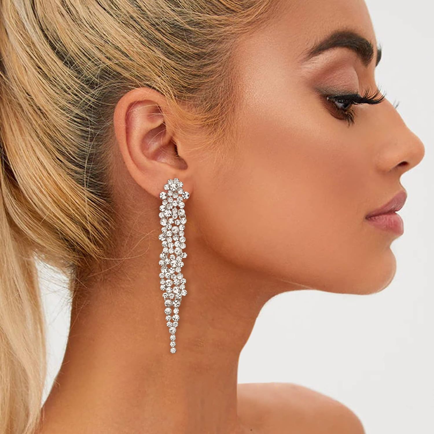 EVER FAITH Wedding Rhinestone Crystal Art Deco Statement Earring, Banquet Prom Long Chandelier Dangle Earrings for Women Bride - Image 4