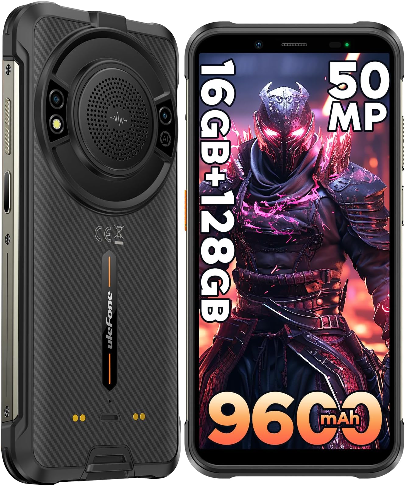 Ulefone Power Armor 16S Rugged Phone, 9600mAh Battery, 122dB Loudest Speaker, 16GB+128GB 50MP Rear Camera Rugged Smartphone, 5.93" Android 13, Built-in Glare Flashlight, NFC Dual SIM 4G Phone-Black