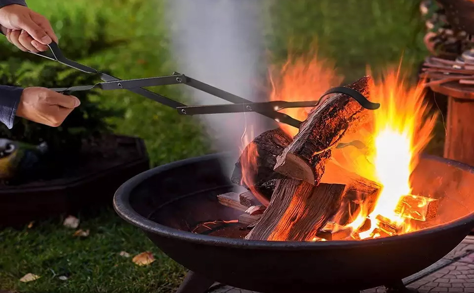 Fire poker and fire tongs set for safe campfire management and cooking