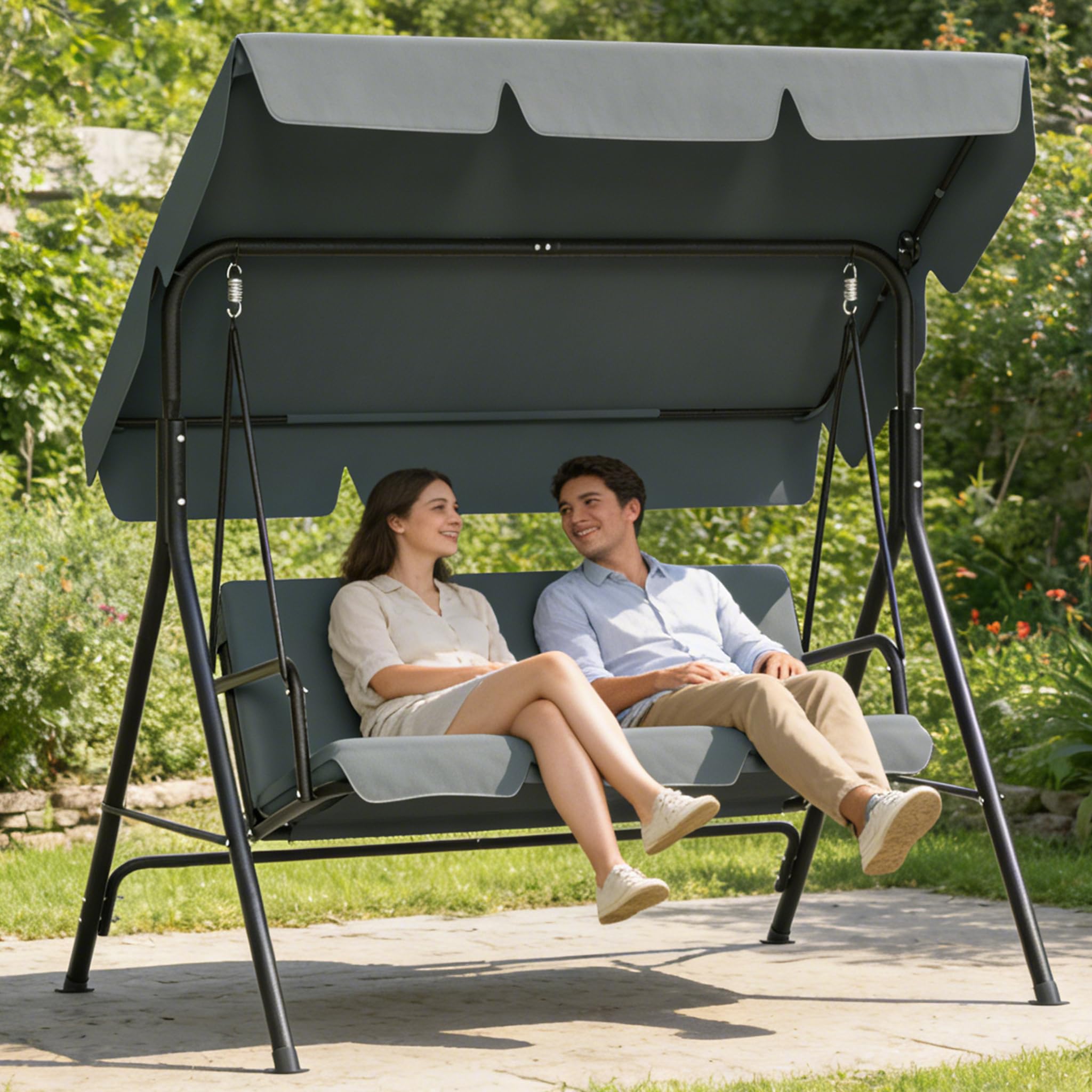 Suusolny 3-Sitzer Hollywoodschaukel, Wetterfeste Gartenschaukel mit Sonnendach & Sitzauflage, Stabil Stahlgestell, UV-Schutz, bis 200 kg Belastbar, Garten-Schaukelbank 176x110x152cm, Anthrazit