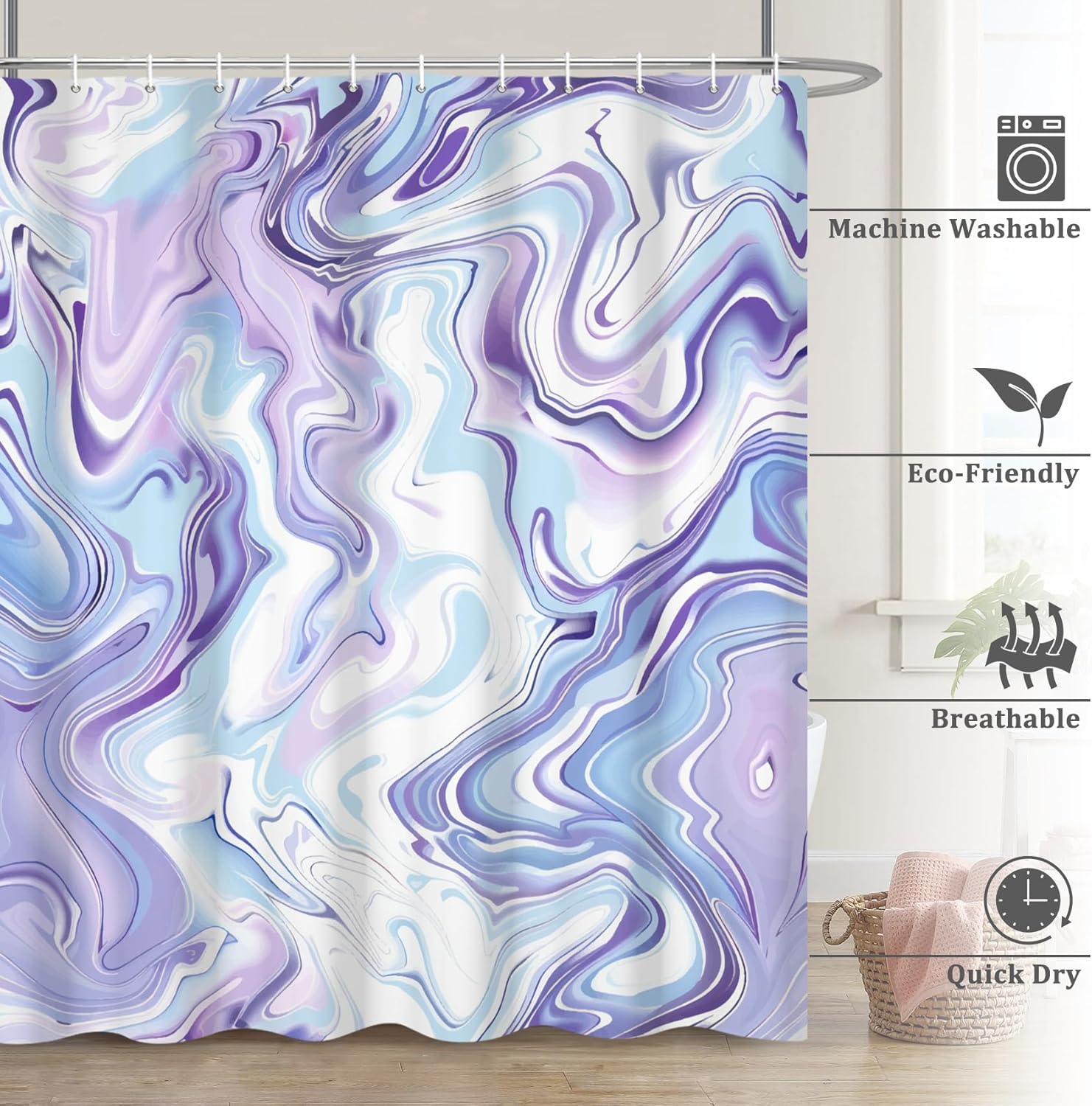 Renaiss 72 x 96 Inch Purple Marble Shower Curtain Sets Modern Abstract Ocean Water Waves Shower Curtain for Bathroom Decor White Blue Marble Waterproof Fabric Bathroom Curtain Set with Plastic Hooks