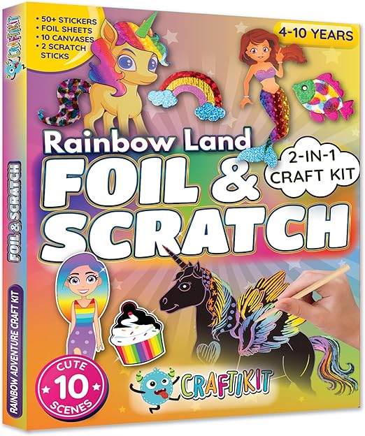Craftikit ® Rainbow Land Foil Art & Scratch Art for Kids- 2-in-1 Arts and Crafts Kit for Kids Ages 4-10 - Rainbow Crafts for Girls Ages 4, 5, 6, 7, 8, 9, 10