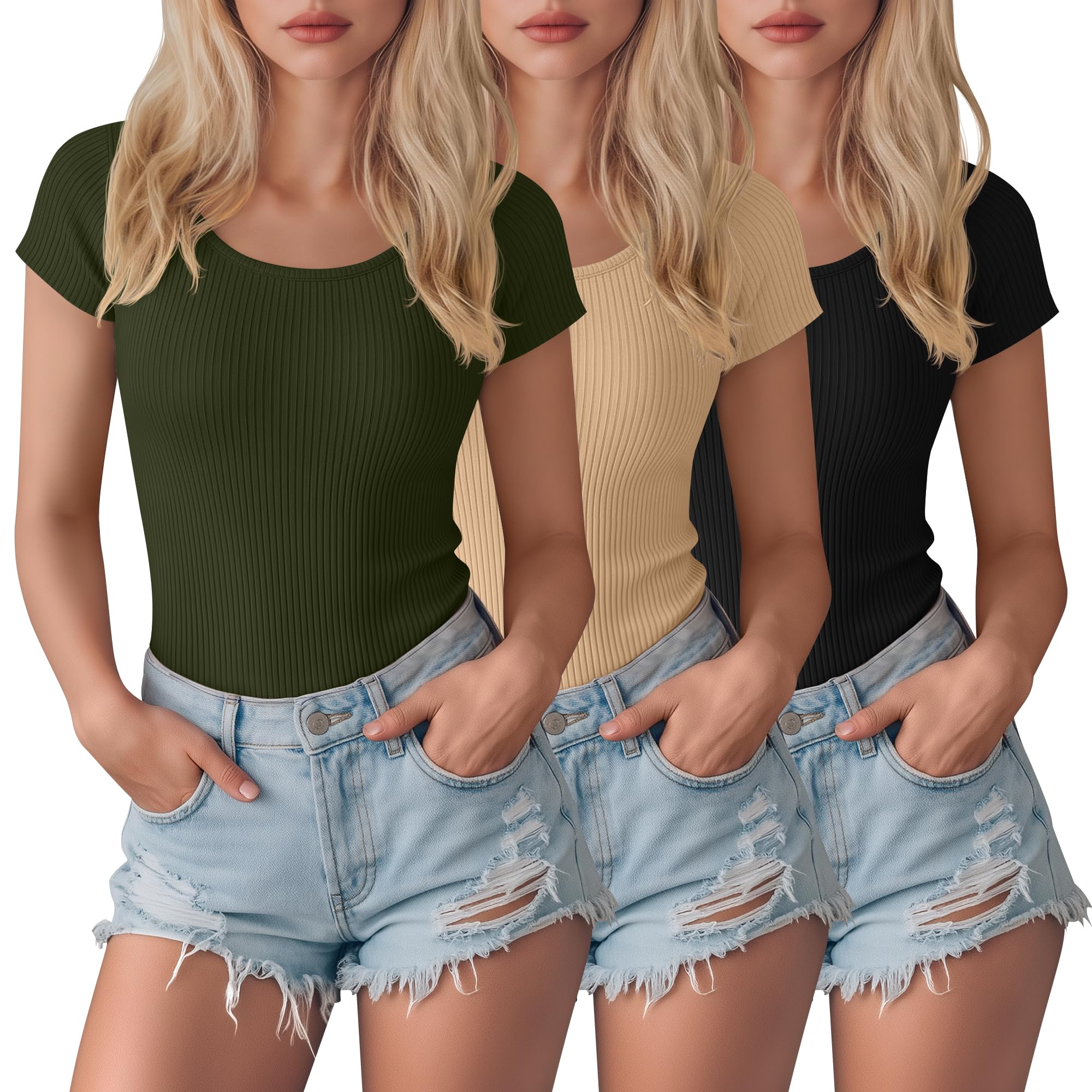 View 1 of ***USED AND MISSING BLACK TSHIRT***
JoyMotion 3 Pack Women's Short Sleeve Bodysuit Ribbed Crew Neck T Shirts Cotton Leotards Summer Basic Slim Fit Body Suit Tops(Army Green, Nude, Black,Medium)