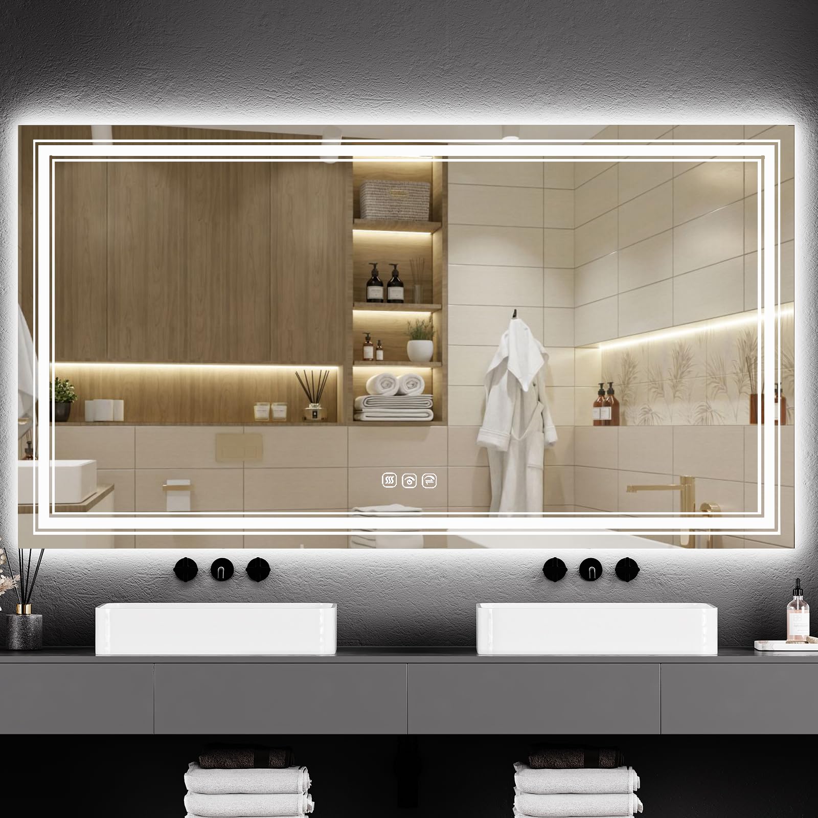 IDEALHOUSE 55x30 LED Bathroom Mirror with Lights,Anti-Fog,Dimmable,Backlit + Front Lit,Lighted Mirrors for Bathroom Wall,Double LED Vanity,3 Colors, Lighted Mirror,Stepless Dimming