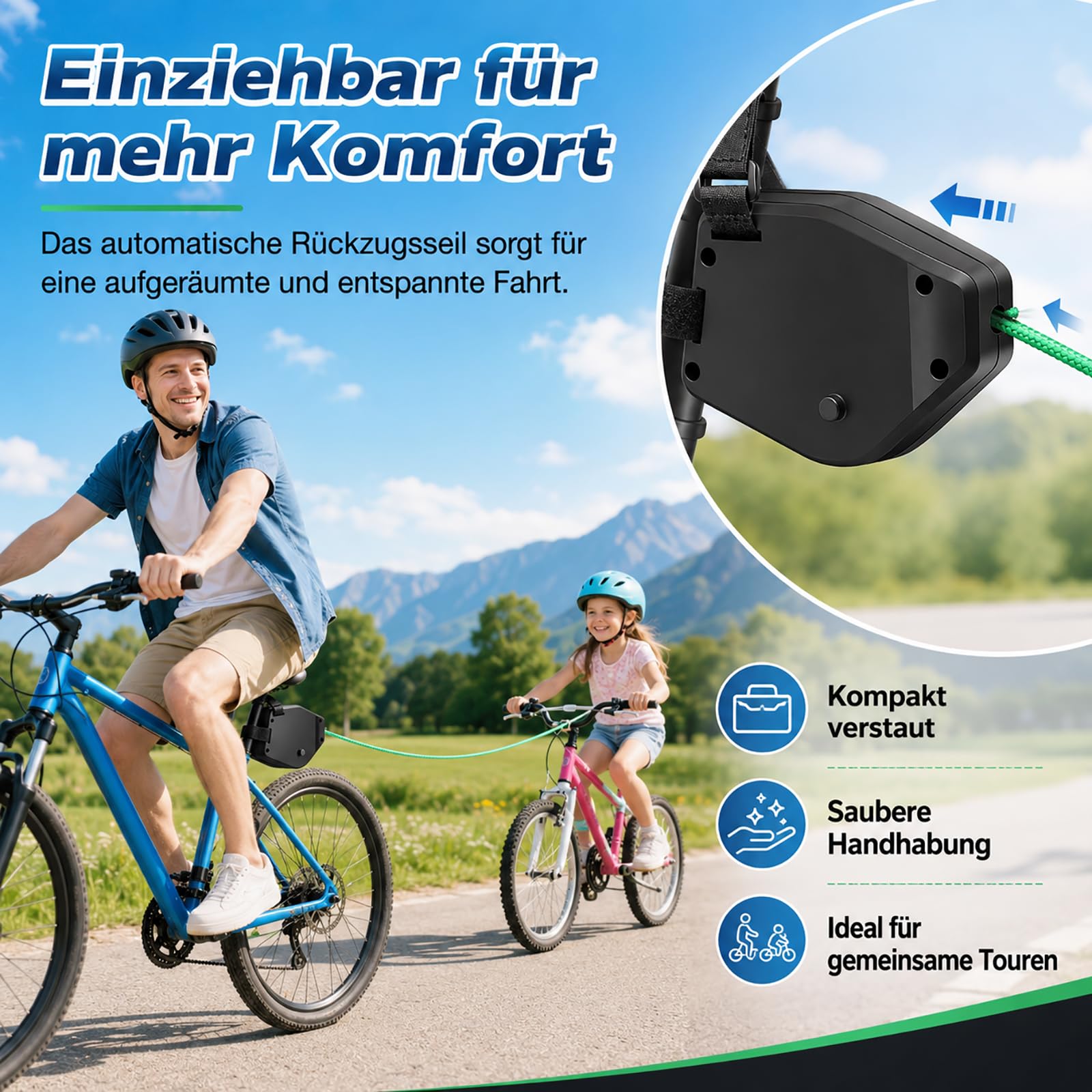 Abschleppseil Fahrrad Kinder, 2,5 m Einziehbares Fahrrad Zugseil bis 225 kg/500 lbs, Fahrradseil zum Abschleppen für Kinderfahrrad, MTB, E-Bike, Familienradtouren
