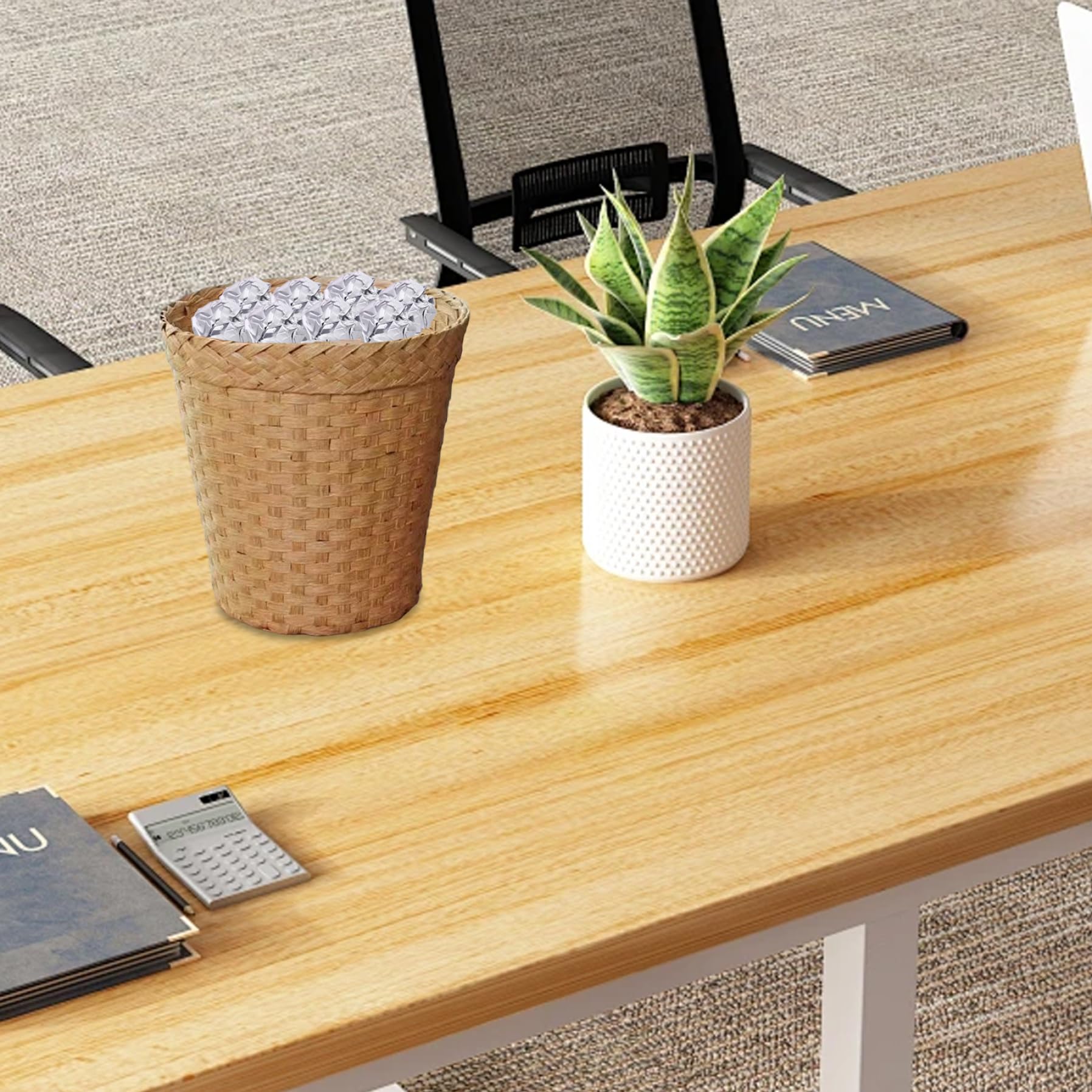 Cestino di vimini, bidone della spazzatura da bagno, bidone del desktop con paglia naturale, cesto di lavanderia in vimini rotondo, cestino per rifiuti per bagno, camera da letto, colore di tronchi