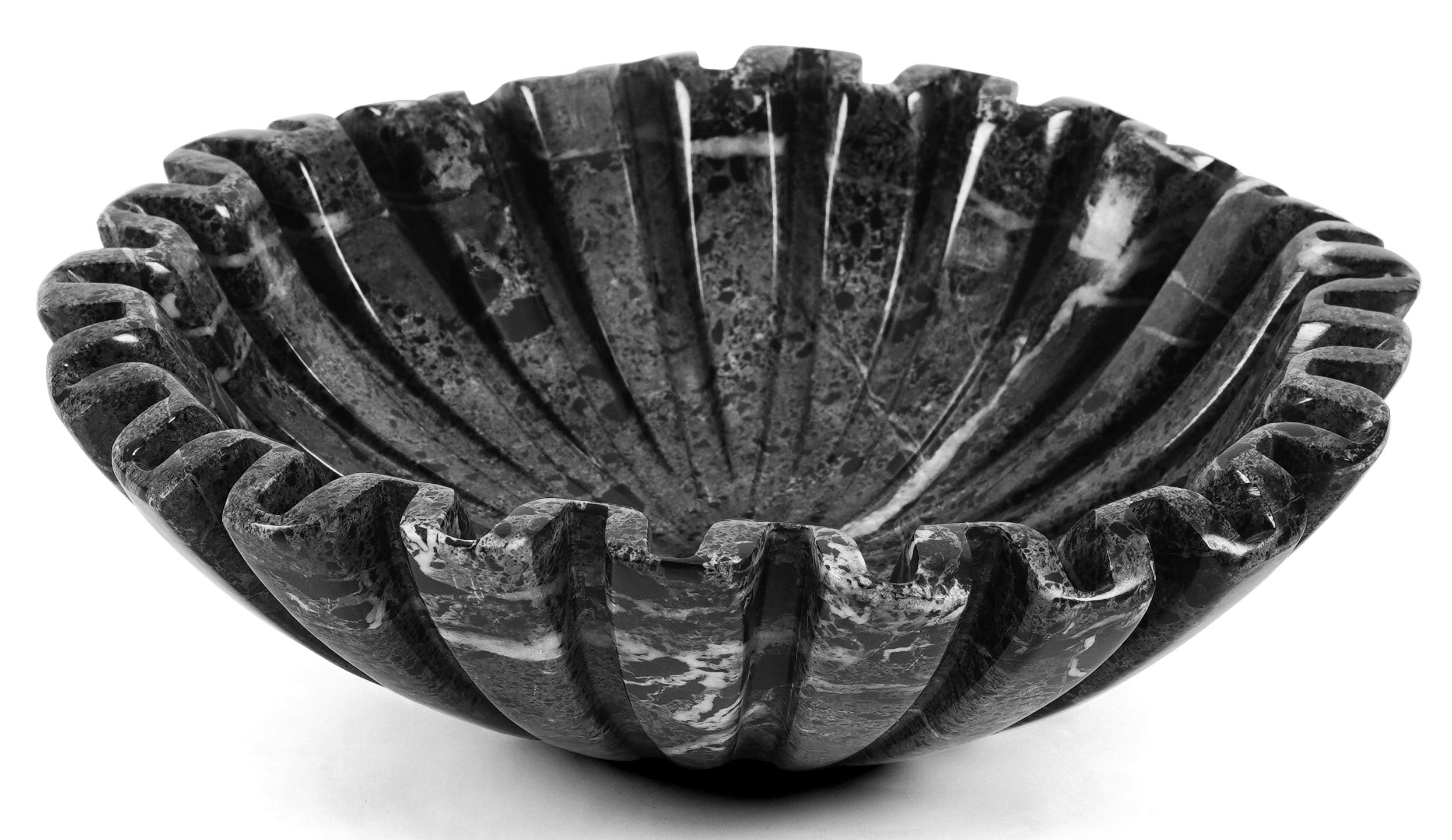 SPESHSTONES Grand Bol Décoratif en Marbre Noir 25,4 cm, Coupe Ondulée Festonnée Fait Main pour Décoration Maison, Corbeille à Fruits Moderne pour Plan de Travail, Bol Cannelé en Pierre