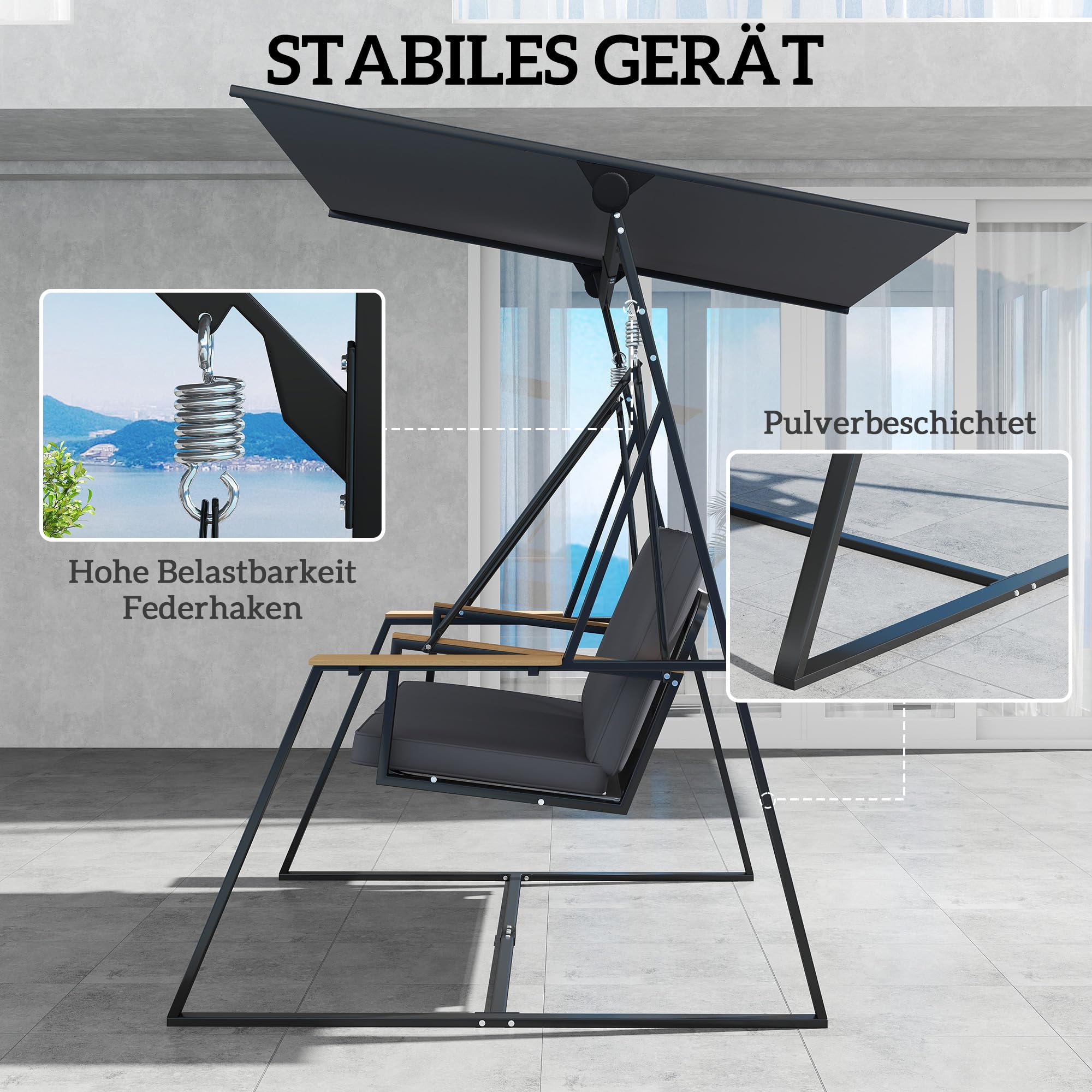Outsunny 3-Sitzer Hollywoodschaukel mit Verstellbarem Dach 360 kg Grau | Gartenschaukel, Kissen, Getränkeablagen, Stahlrahmen, für Terrasse, Veranda