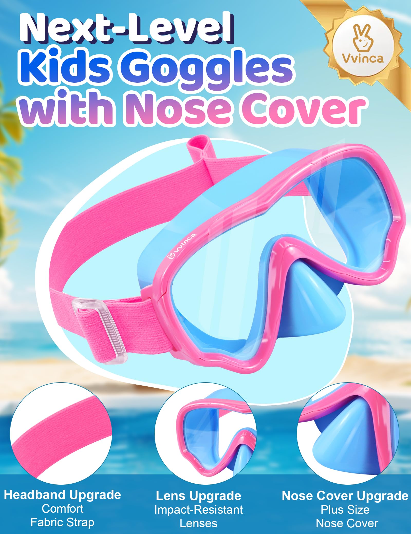 Vvinca Kids Swim Goggles with Nose Cover, Snorkel Diving Mask Fabric Strap Anti Fog Anti Shattered Lens Goggles for Kids 3-15
