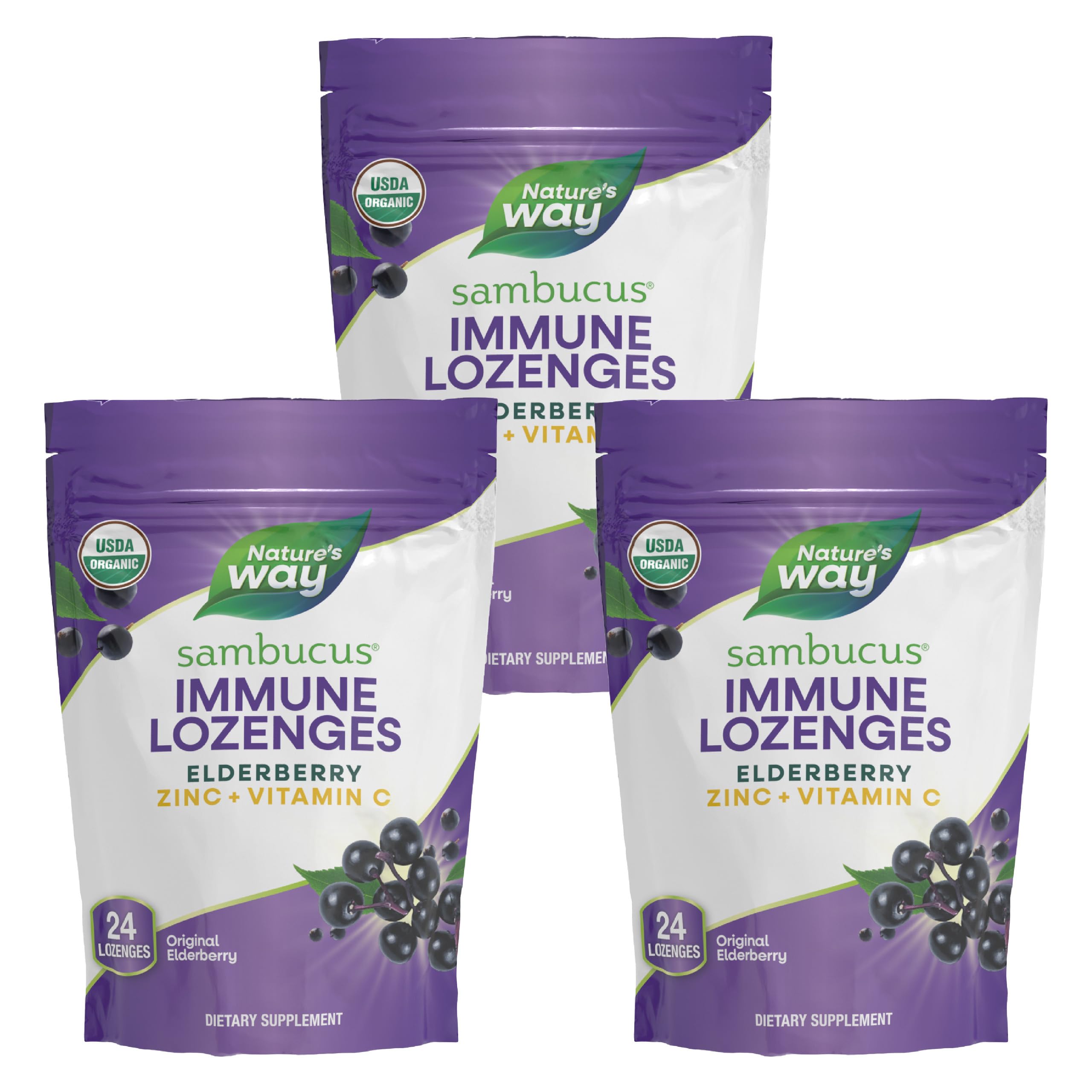 Nature’s Way Sambucus Immune Lozenges – Immune Lozenges for On-the-Go Use*– Zinc, Vitamin C & Black Elderberry Extract – Vegan & Gluten-Free - Original Elderberry Flavor - 72 Count (72 Servings, 3 pk)